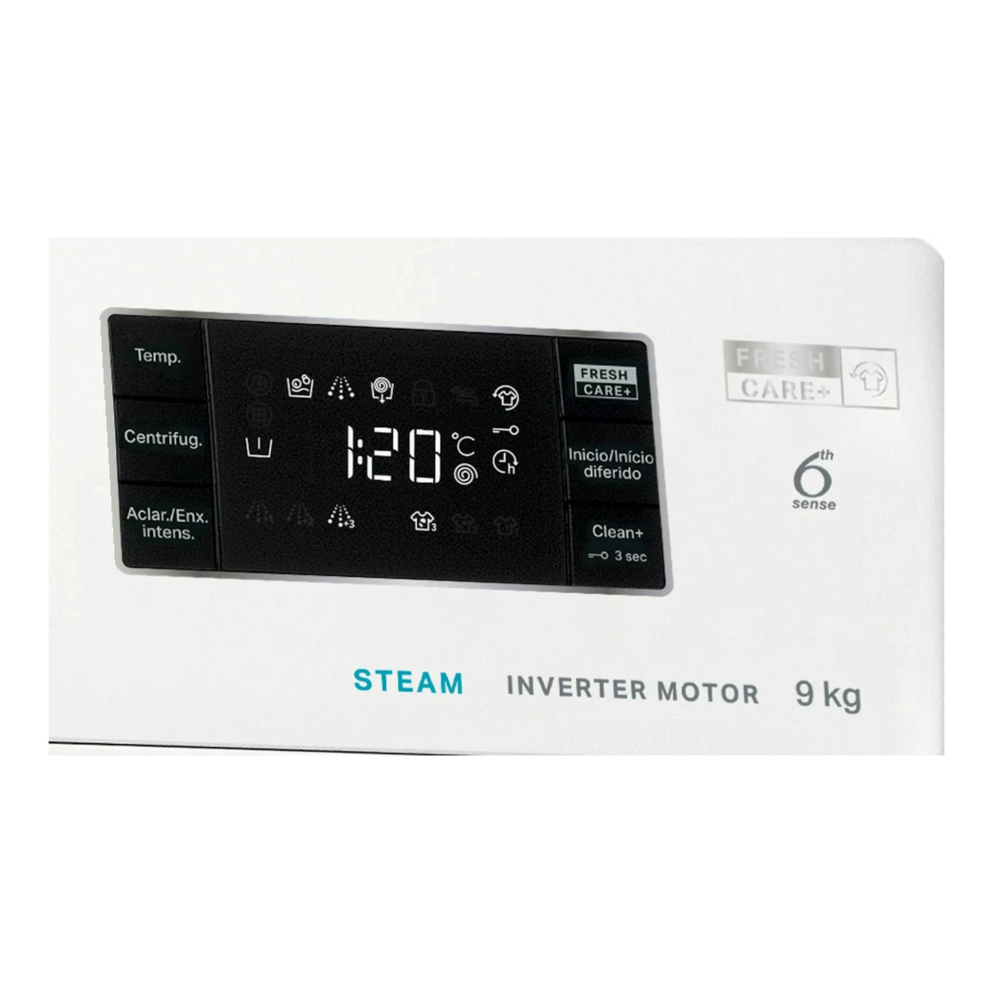Vista frontal parcial del panel de una lavadora Whirlpool FFB 9469 WV SPT blanca, con pantalla digital y botones táctiles.