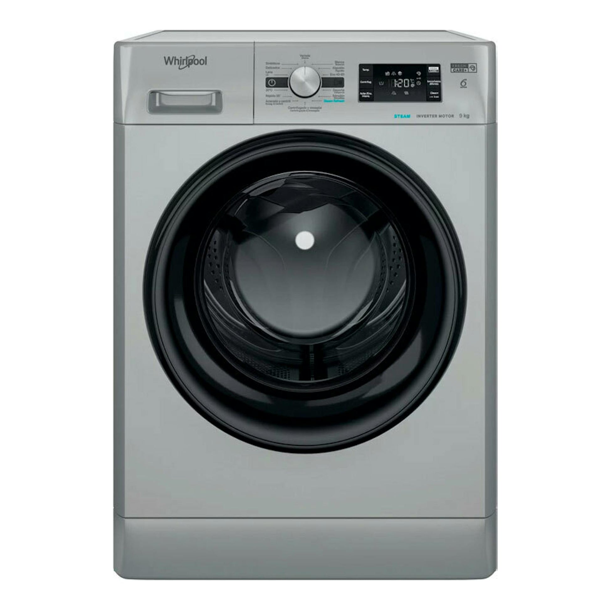 Lavadora Whirlpool FFB 9489 SBV SPT de carga frontal, color gris, vista frontal con puerta negra.