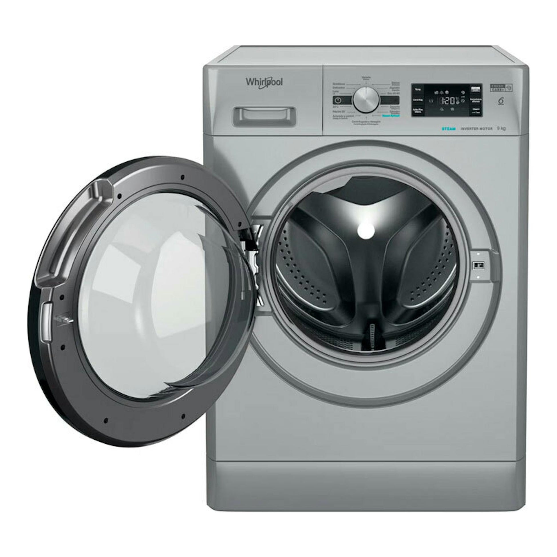 Lavadora frontal Whirlpool FFB 9489 SBV SPT 9 kg, color plata, con la puerta abierta, vista frontal.