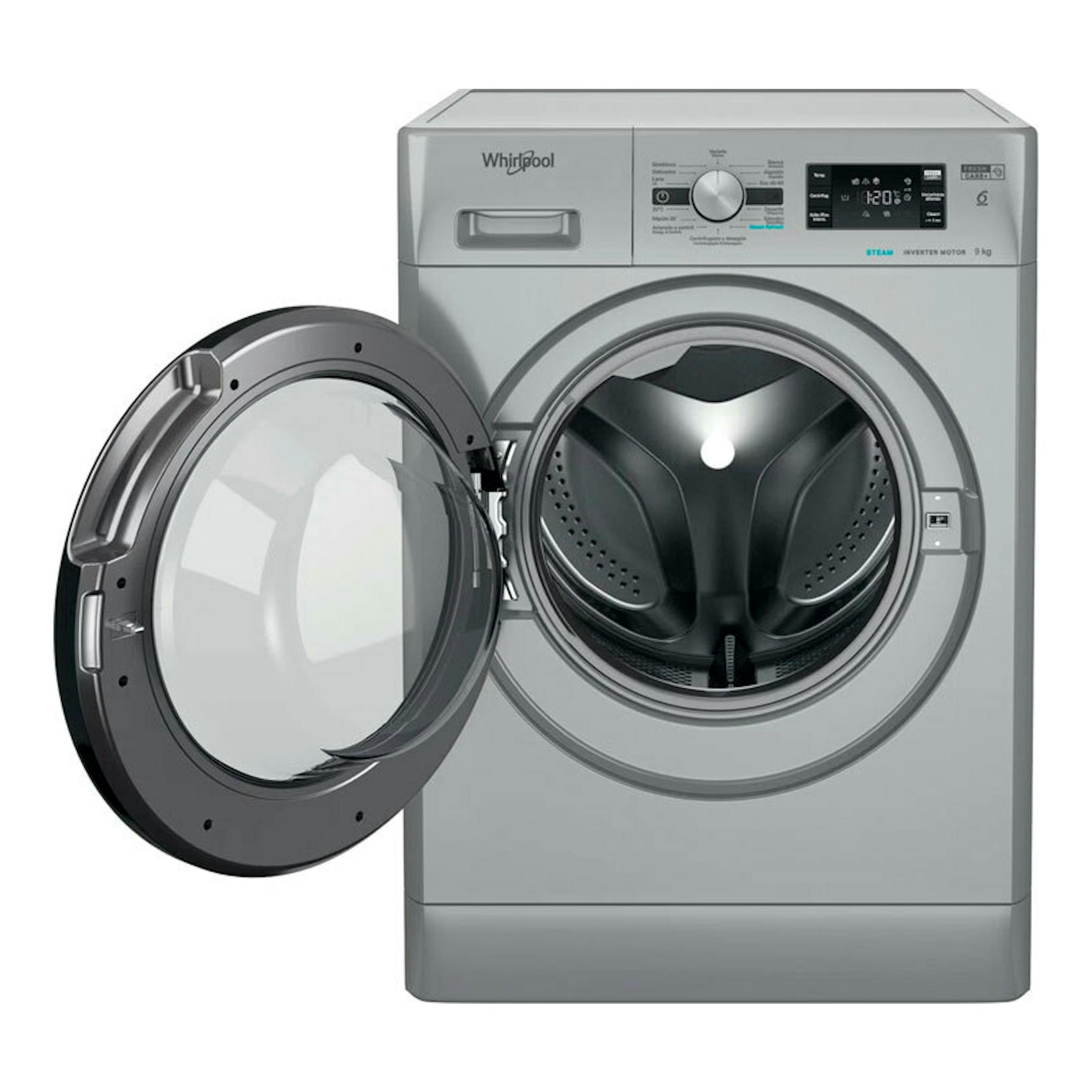 Lavadora frontal Whirlpool FFB 9489 SBV SPT 9 kg, color plata, con la puerta abierta, vista frontal.