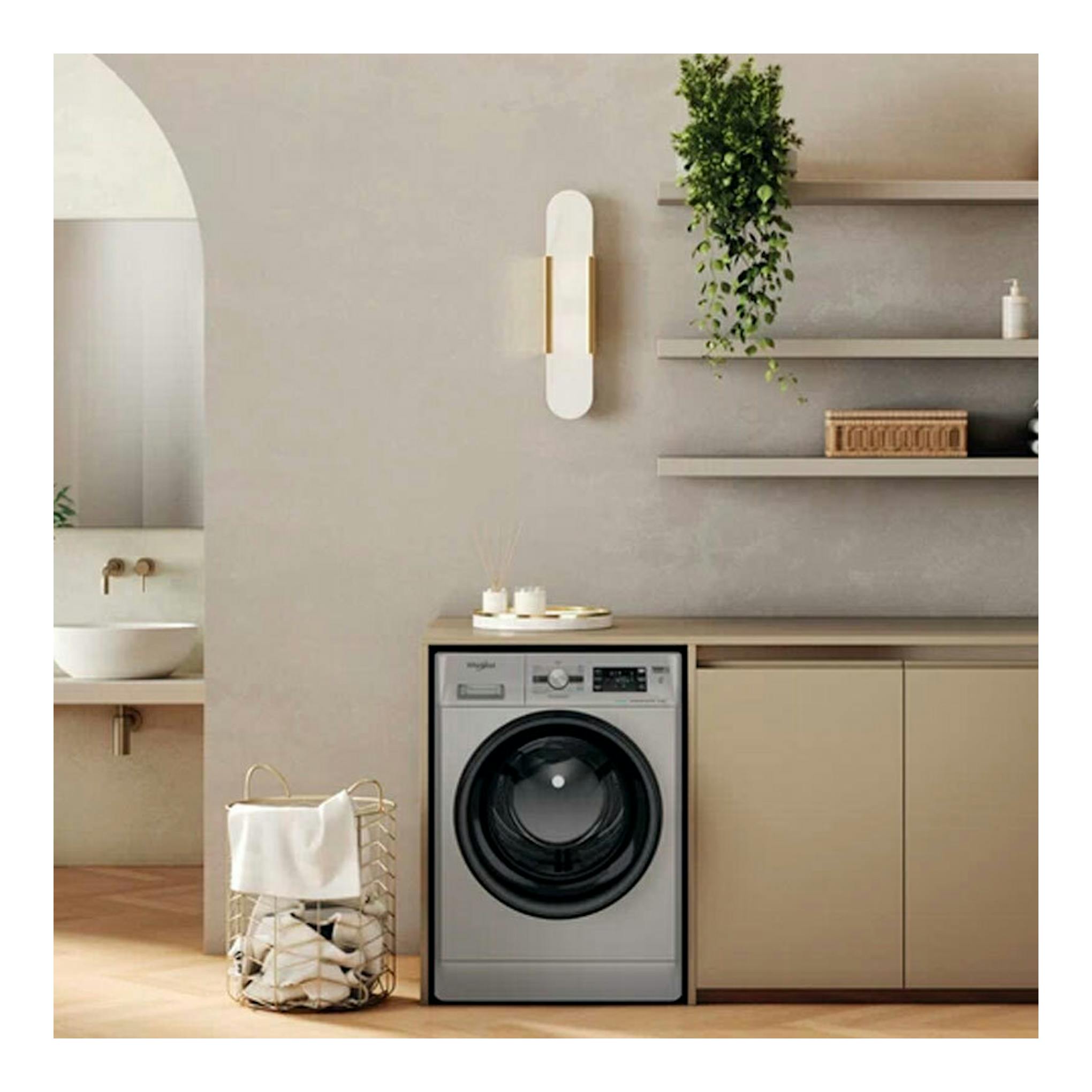 Lavadora Whirlpool FFB 9489 SBV SPT, de carga frontal, gris, integrada bajo encimera.