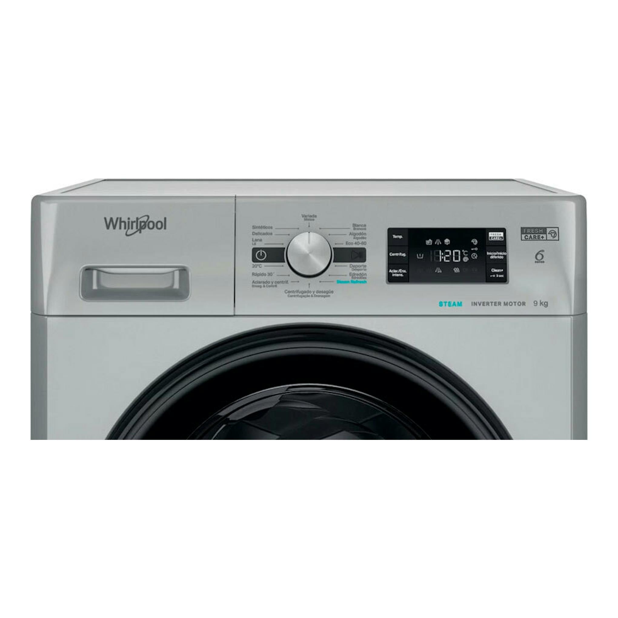 Lavadora Whirlpool FFB 9489 SBV SPT de carga frontal, color gris, vista frontal, con panel digital y 9 kg.