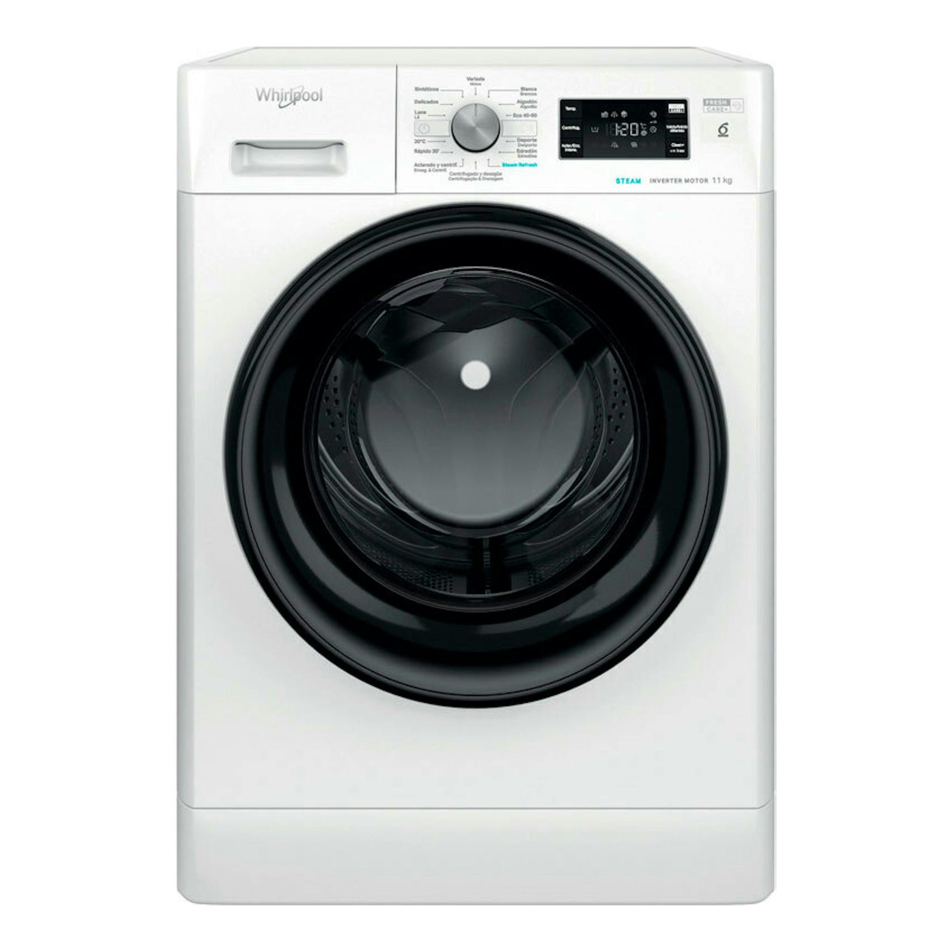 Lavadora frontal Whirlpool FFB11489BVSPT blanca, vista frontal, puerta negra y panel digital superior, 11 kg.