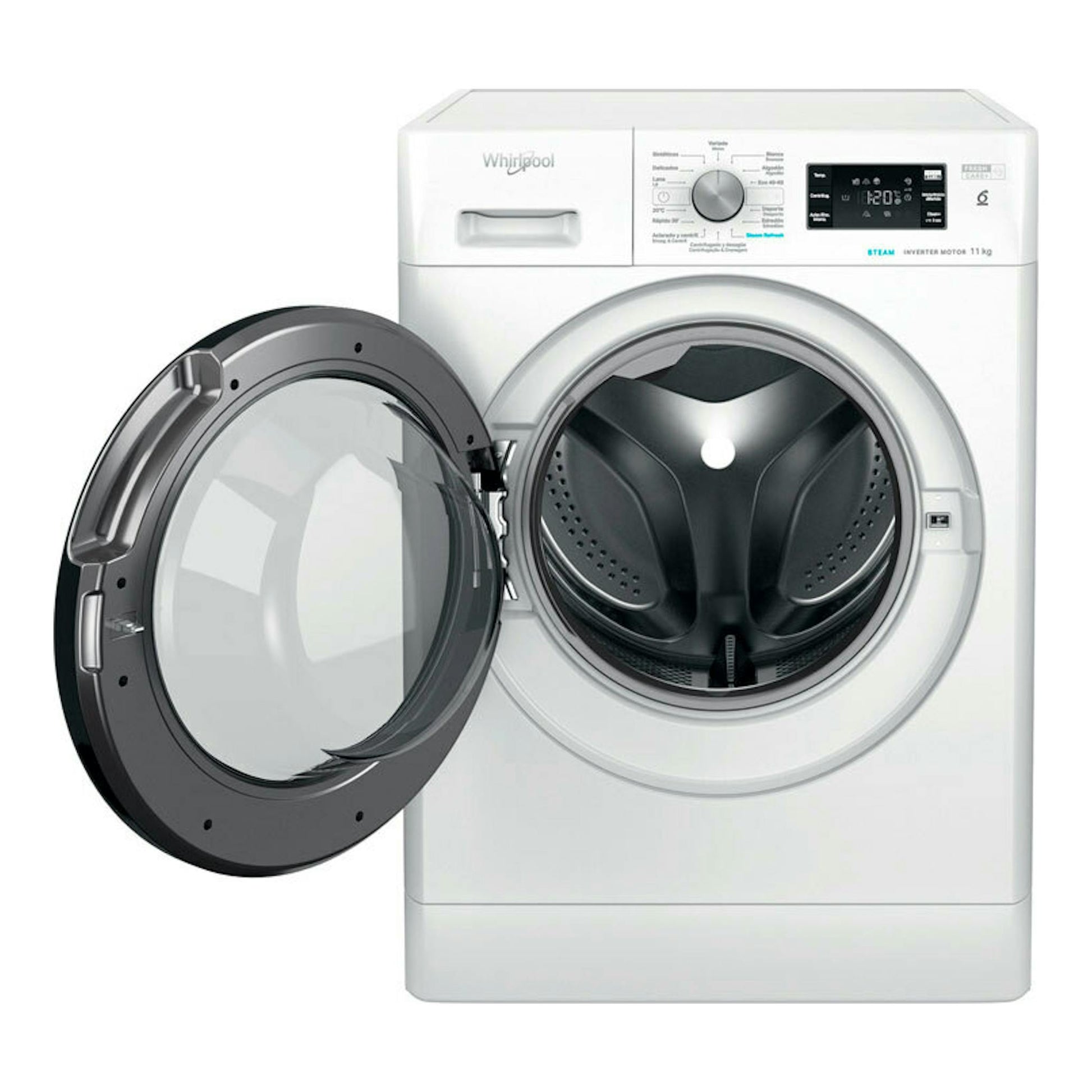 Lavadora de carga frontal Whirlpool FFB11489BVSPT blanca, con puerta abierta y panel digital.