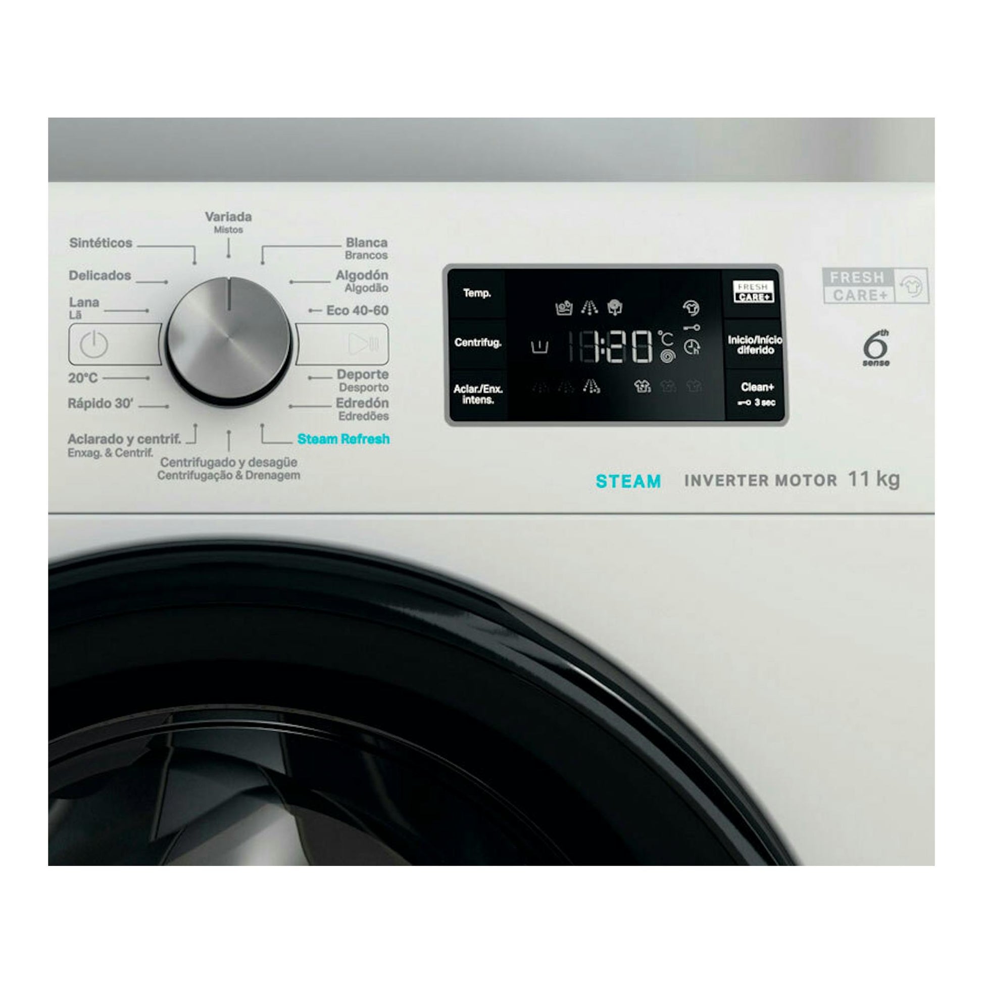Lavadora Whirlpool FFB11489BVSPT blanca, vista frontal parcial con panel digital, selector y puerta negra.