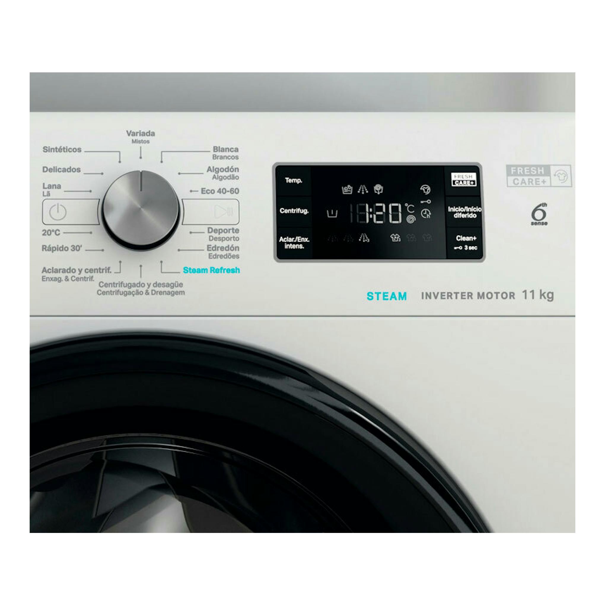Lavadora Whirlpool FFB11489BVSPT blanca, vista frontal parcial con panel digital, selector y puerta negra.