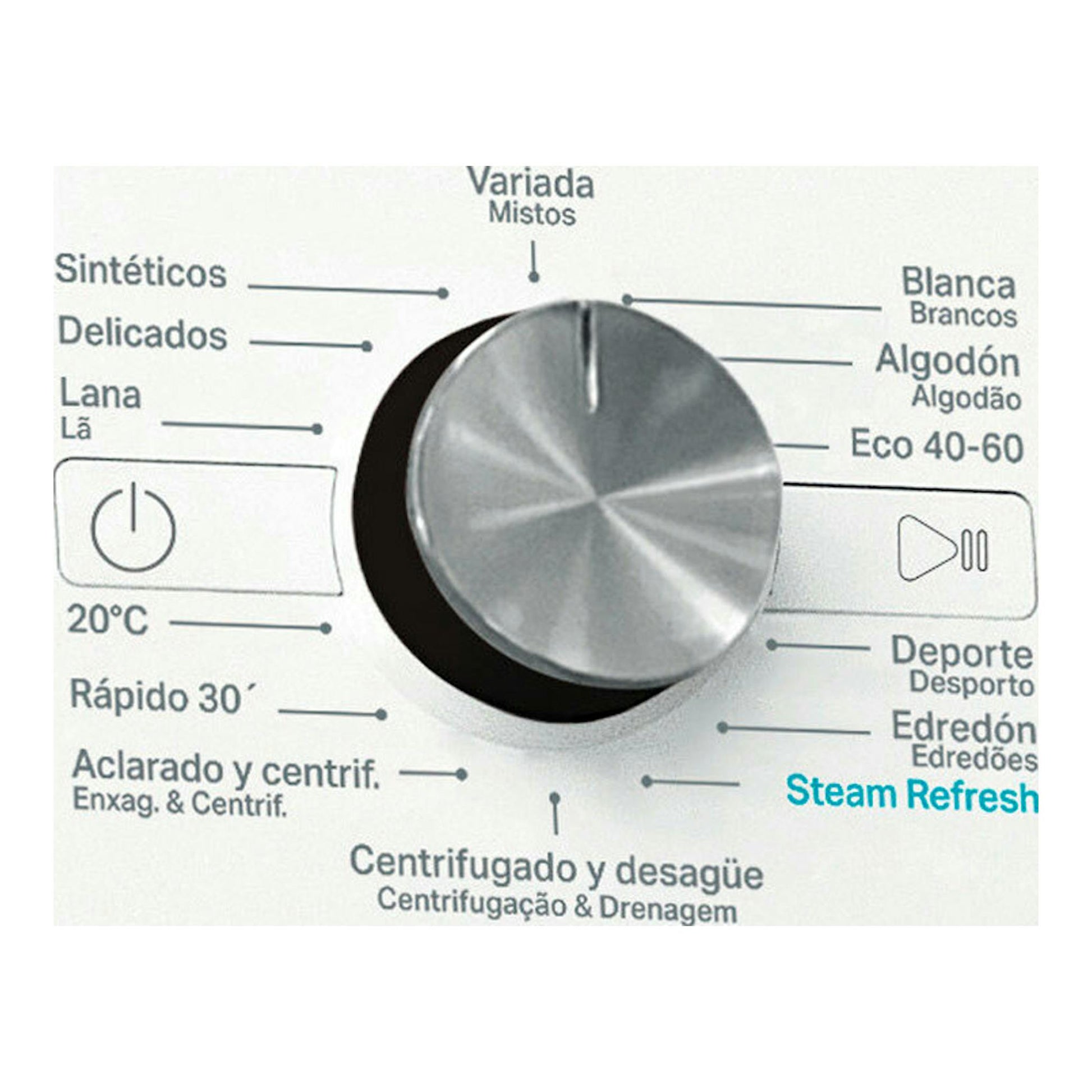 Panel de control de lavadora Whirlpool, vista frontal, con selector giratorio gris y programas en español.