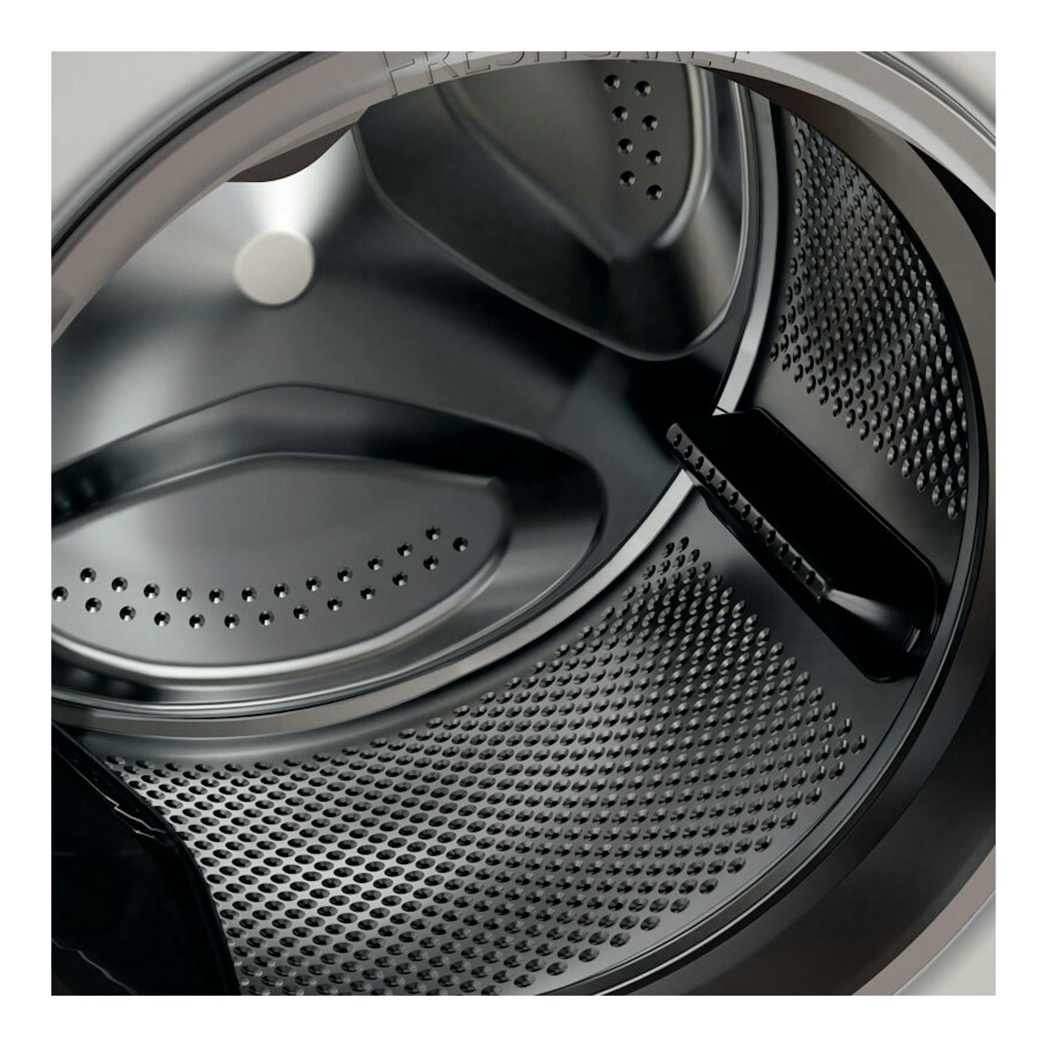 Interior del tambor de una lavadora Whirlpool FFB11489BVSPT, vista frontal en acero inoxidable.