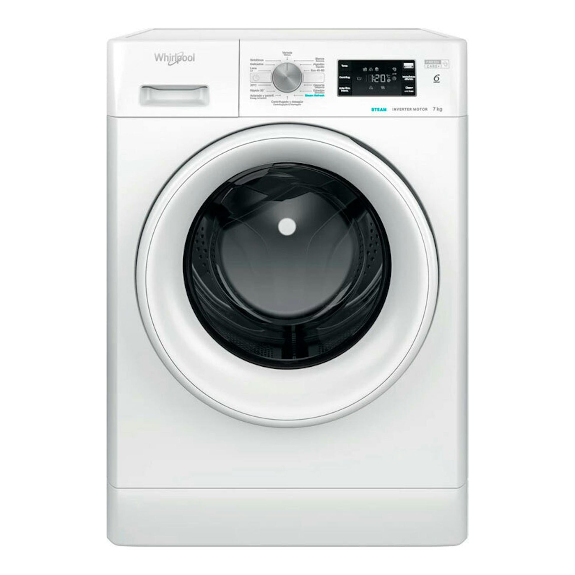 Lavadora frontal Whirlpool FFB7259WVSP blanca, vista frontal, con puerta circular y panel digital de 7 kg.