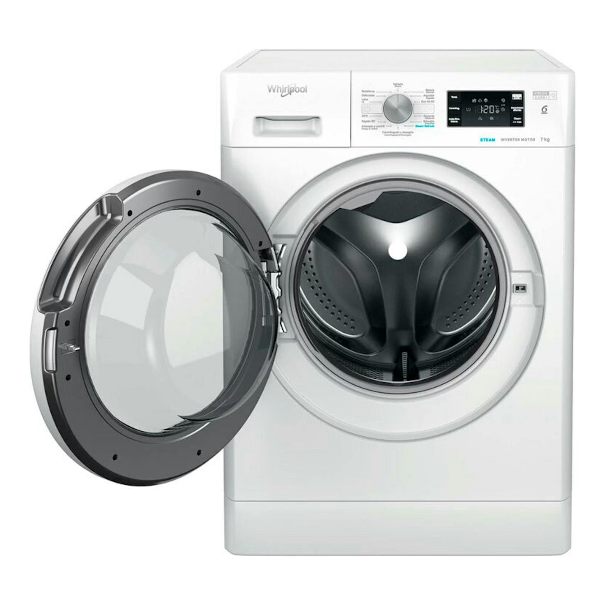 Lavadora Whirlpool FFB7259WVSP blanca, vista frontal, con puerta abatible abierta y tambor visible.
