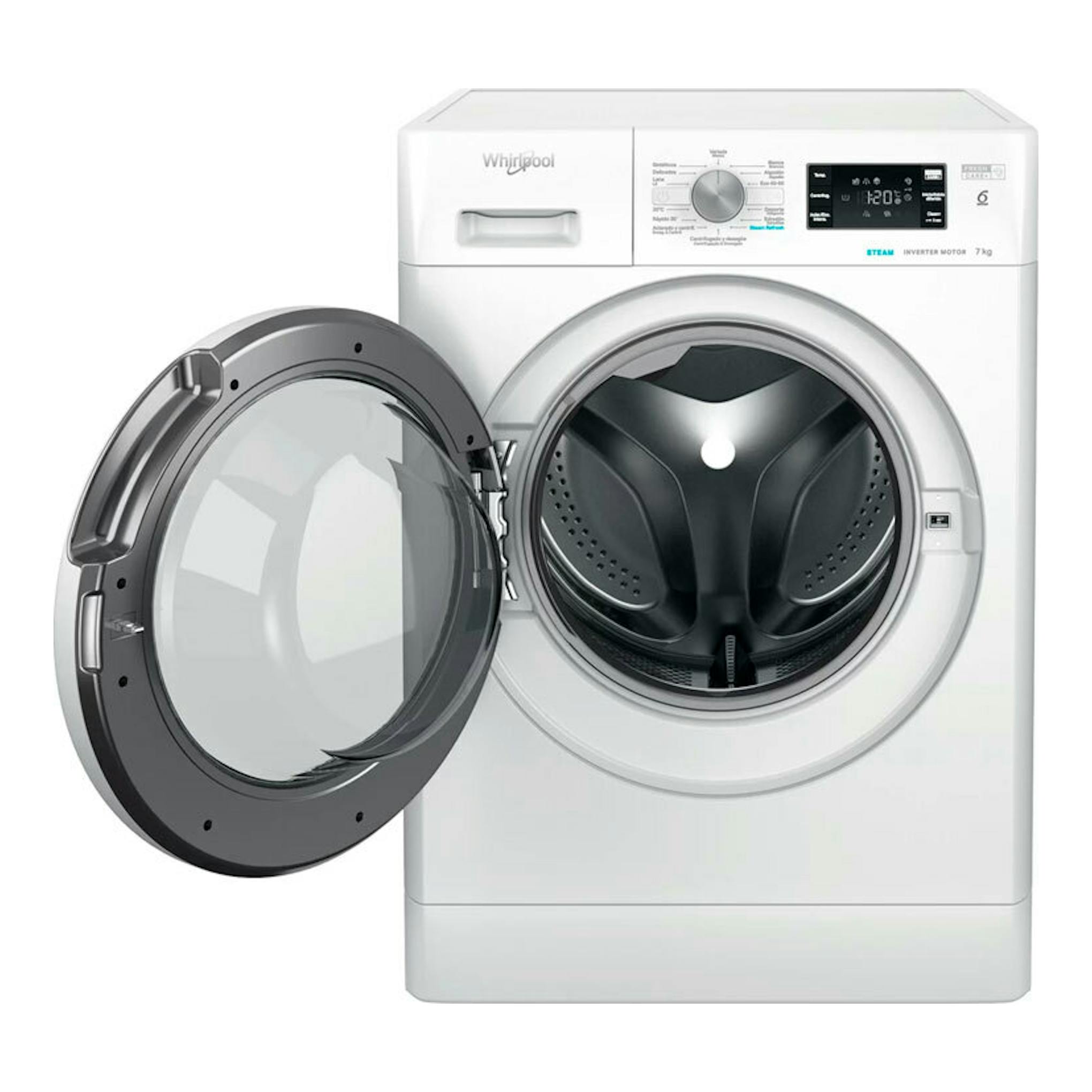 Lavadora Whirlpool FFB7259WVSP blanca, vista frontal, con puerta abatible abierta y tambor visible.