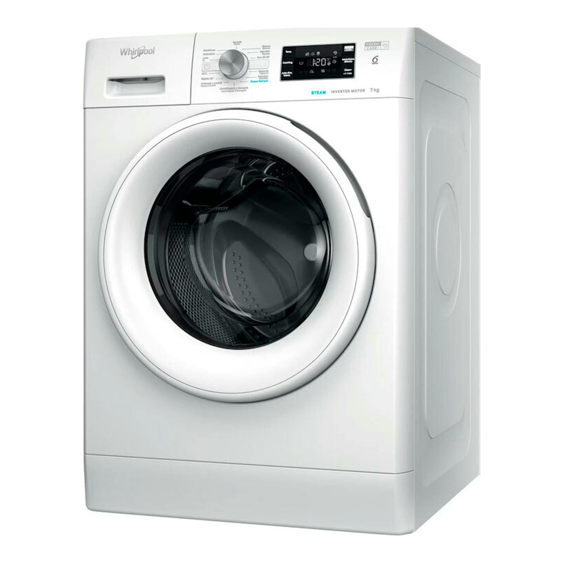 Lavadora frontal Whirlpool FFB7259WVSP blanca, vista frontal en tres cuartos, con puerta negra y panel digital.