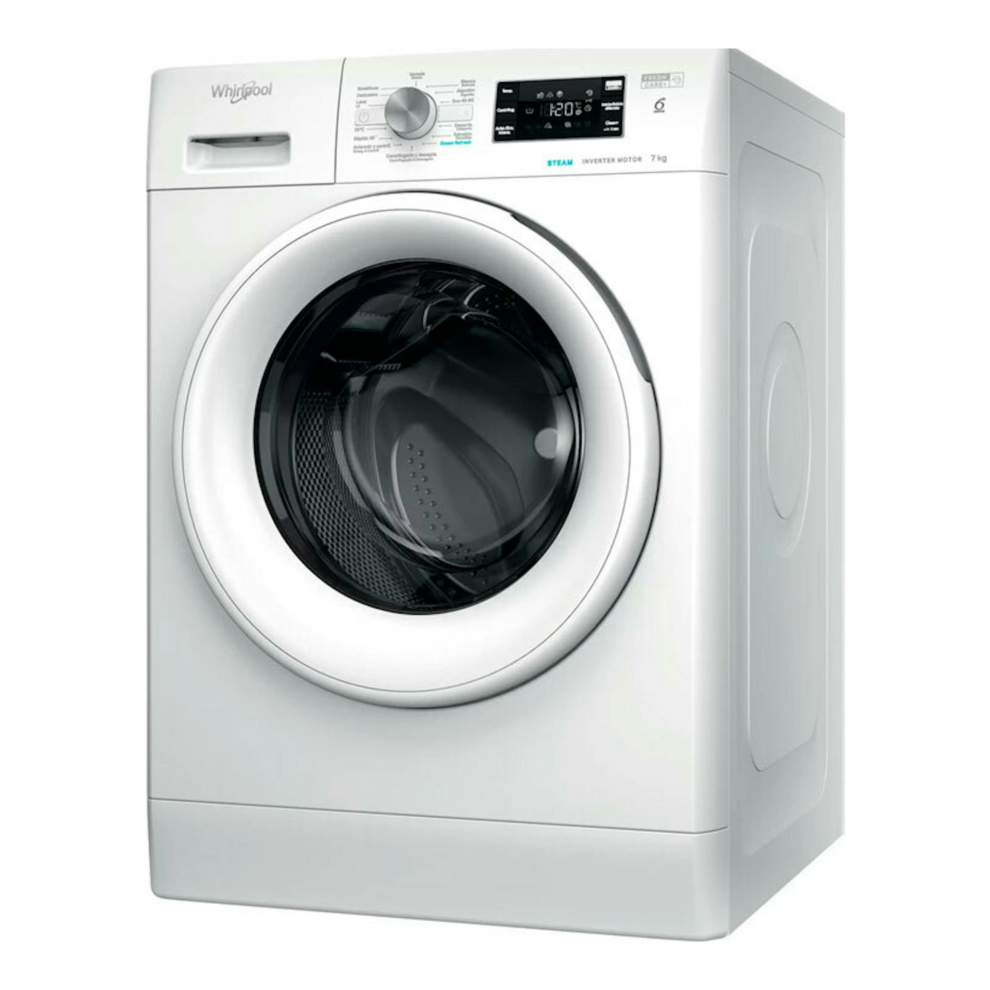 Lavadora frontal Whirlpool FFB7259WVSP blanca, vista frontal en tres cuartos, con puerta negra y panel digital.