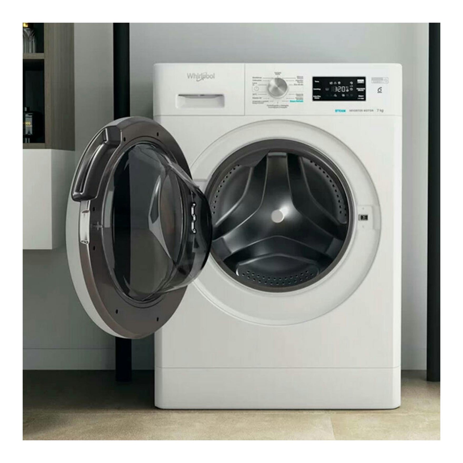 Lavadora frontal Whirlpool FFB7259WVSP blanca, 7 kg, con puerta abierta, vista frontal.