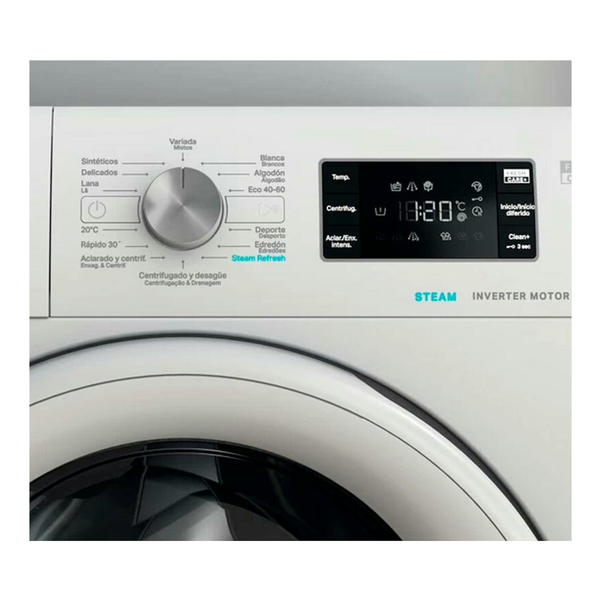 Lavadora Whirlpool FFB7259WVSP blanca, vista frontal del panel con selector y pantalla digital.