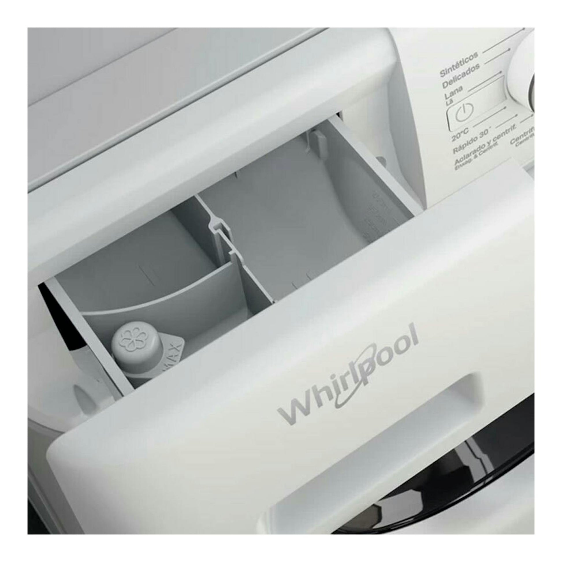 Lavadora Whirlpool FFB7259WVSP blanca, vista superior con cajetín de detergente abierto.