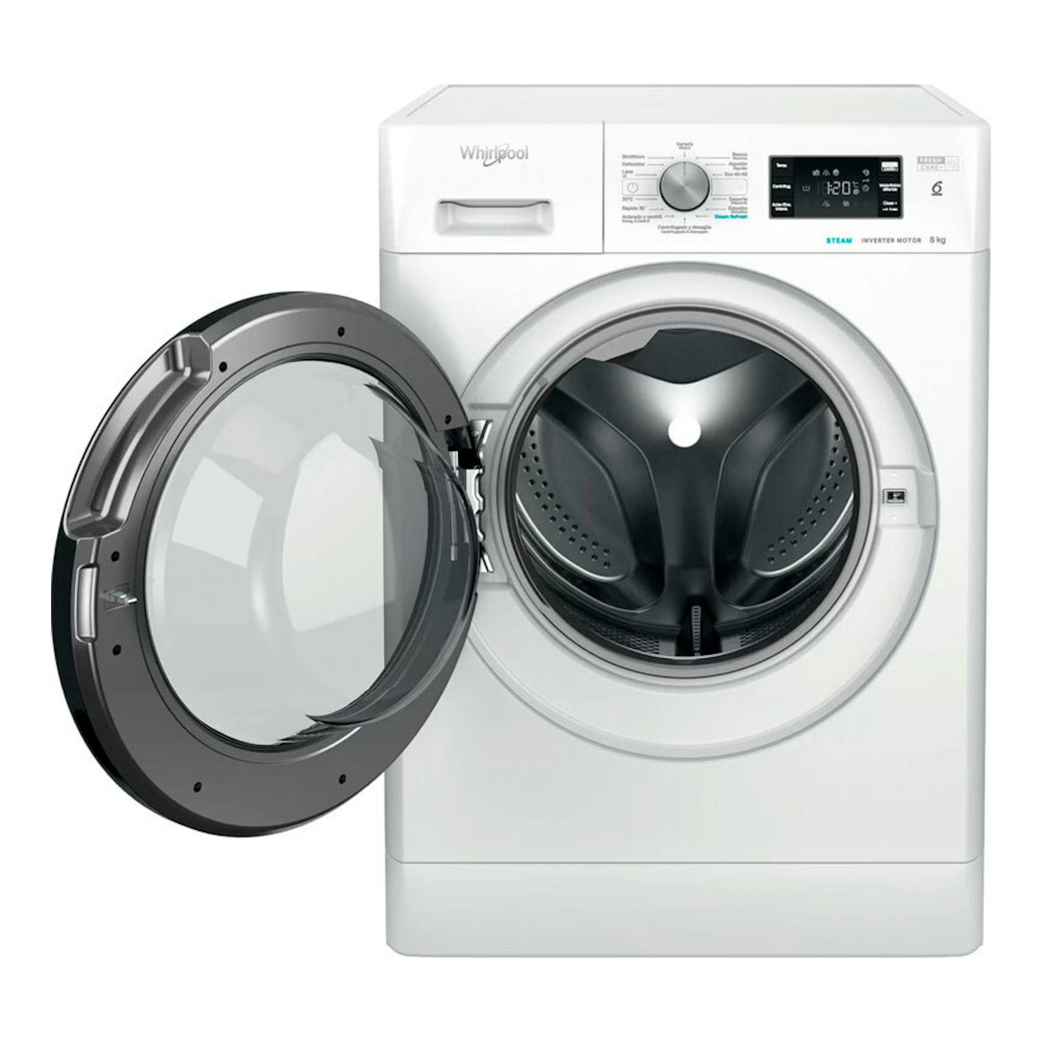 Lavadora Whirlpool FFB8489BVSPT blanca, vista frontal, con puerta abatible abierta.