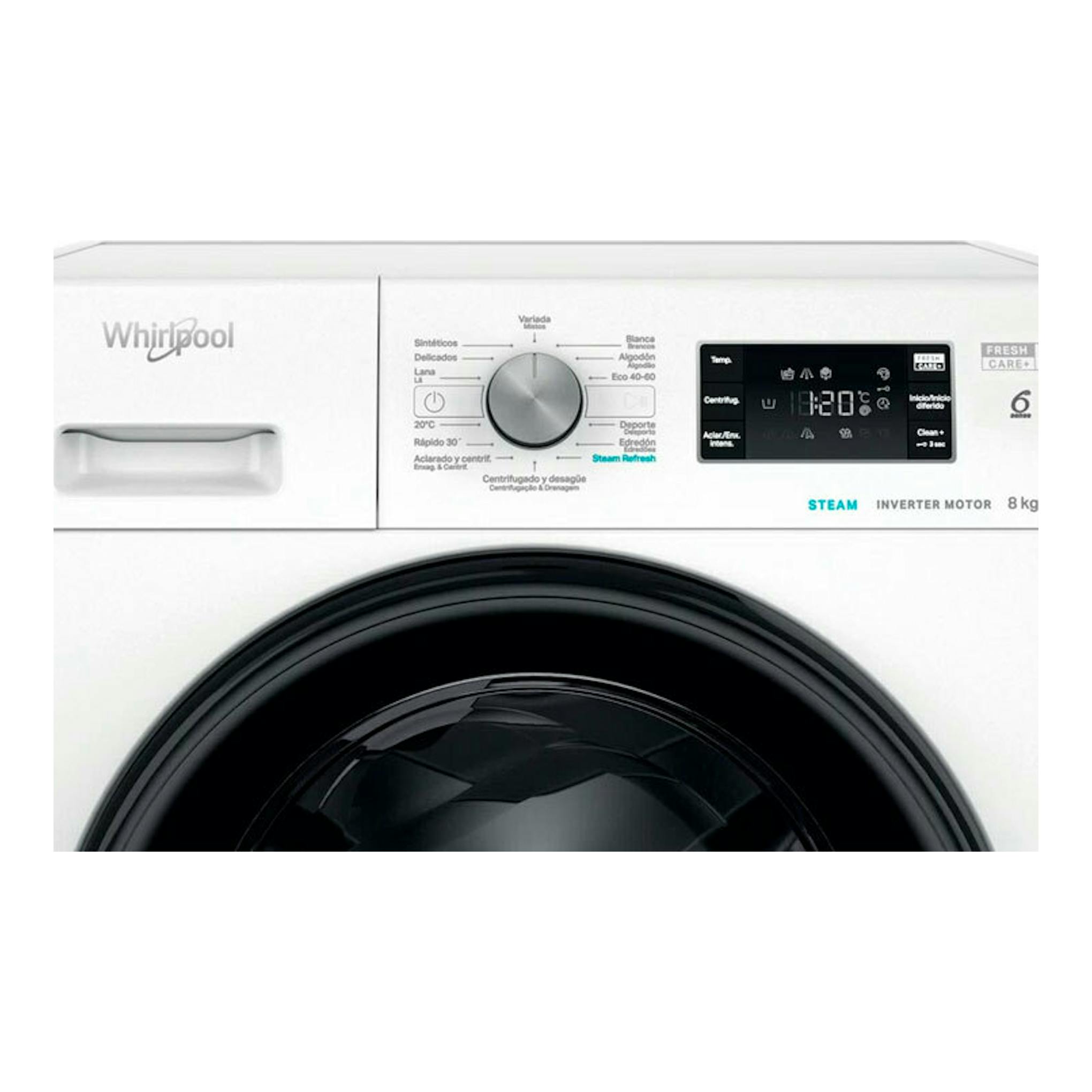 Lavadora Whirlpool FFB8489BVSPT blanca, vista frontal, con puerta negra y panel digital.