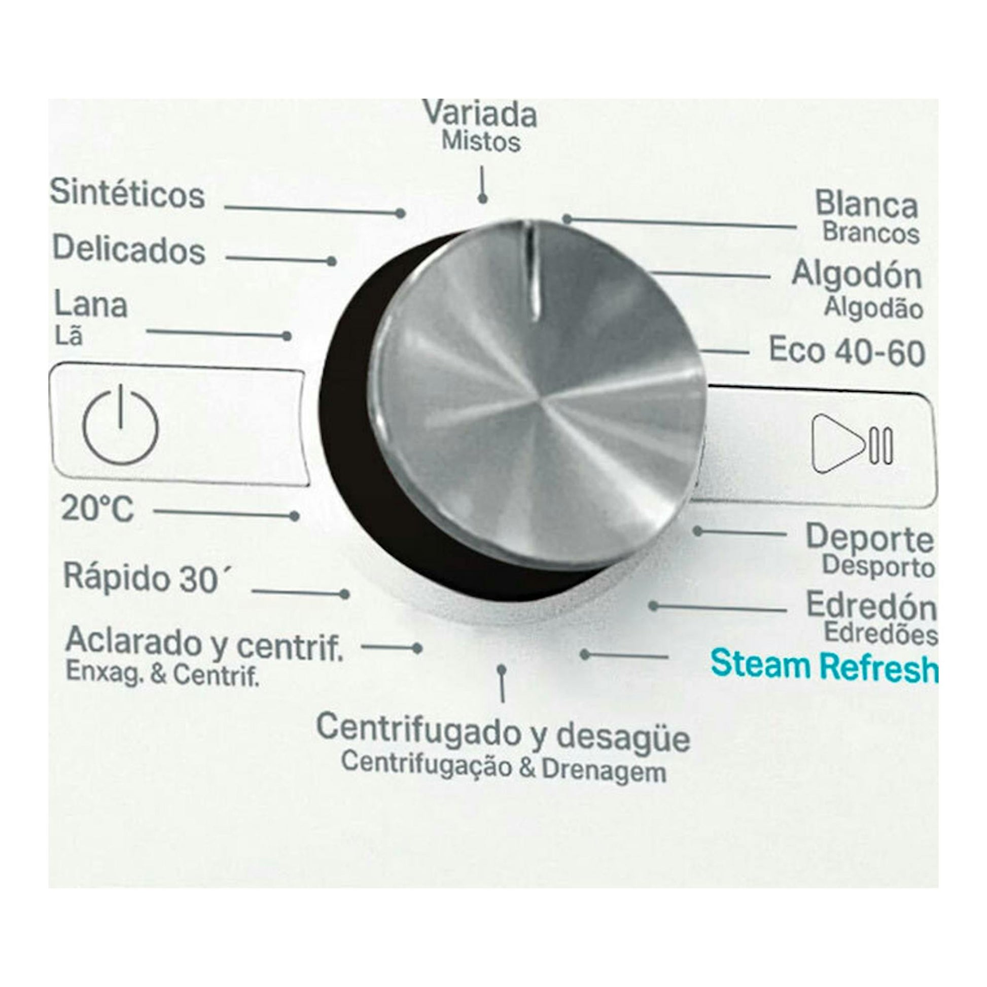 Lavadora Whirlpool FFB8489BVSPT blanca, selector giratorio de programas en primer plano.