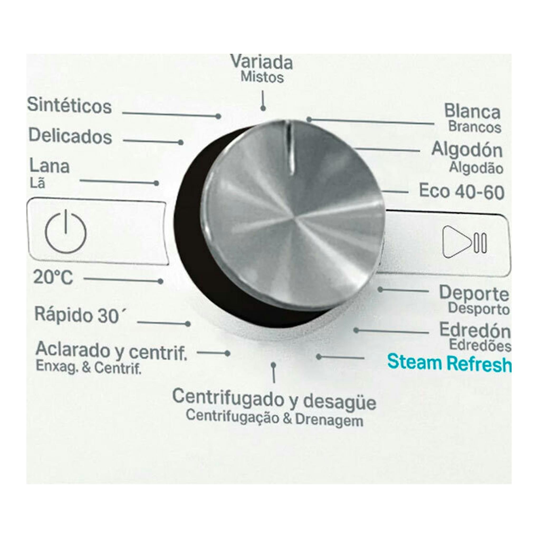 Lavadora Whirlpool FFB8489BVSPT blanca, selector giratorio de programas en primer plano.