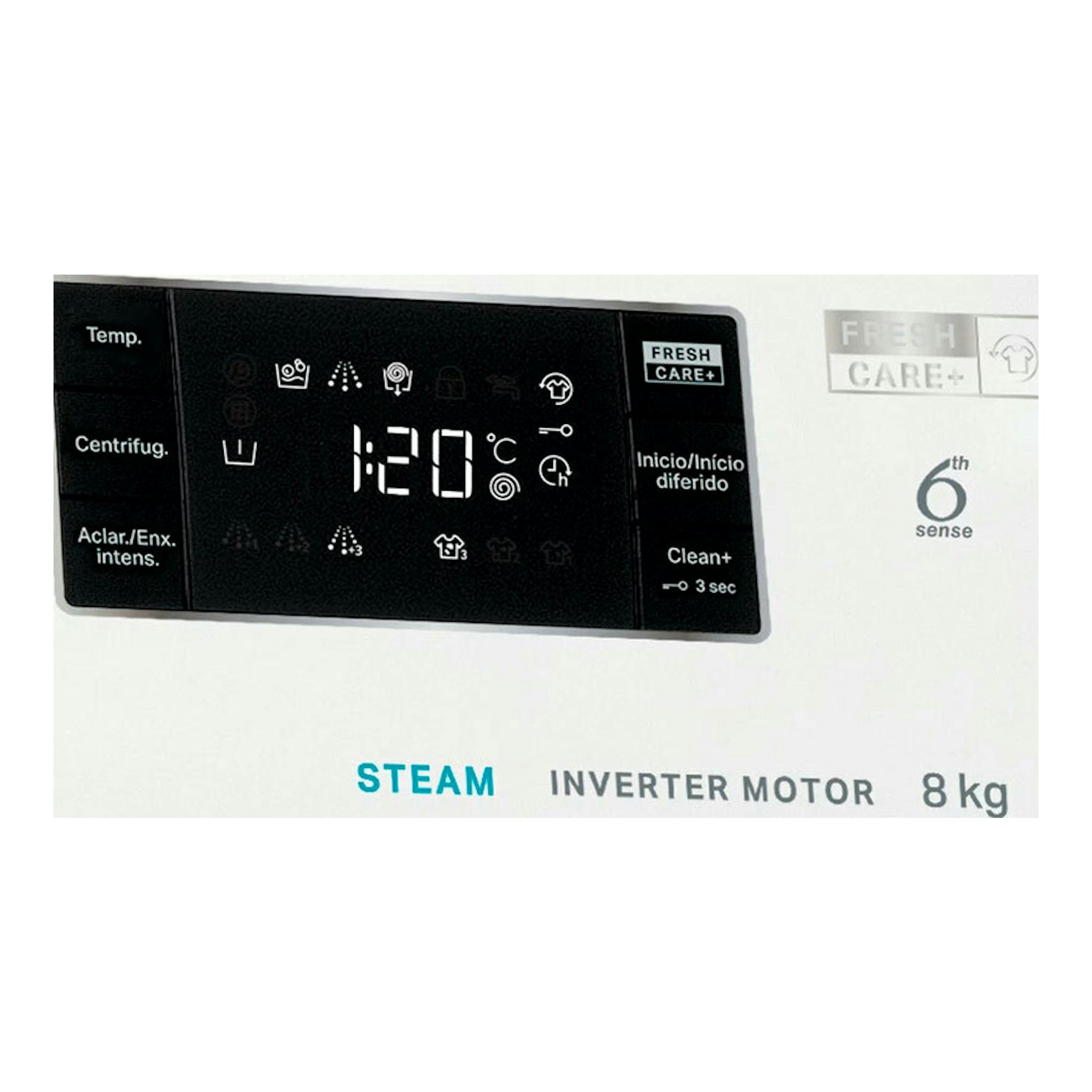Lavadora Whirlpool blanca, vista frontal parcial del panel negro con pantalla digital, Steam, Inverter Motor y 8 kg.