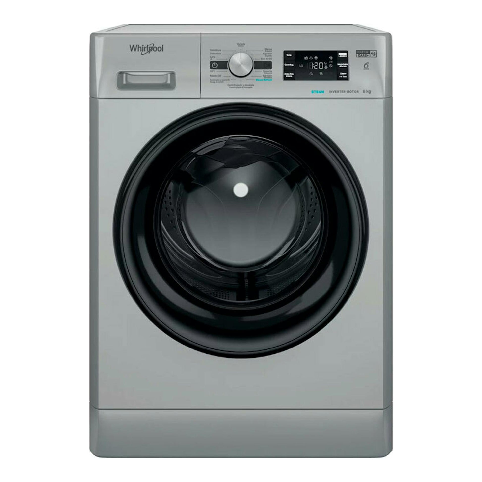 Lavadora frontal Whirlpool FFB8489SBVSPT gris con puerta negra y panel digital, vista frontal, 8 kg.