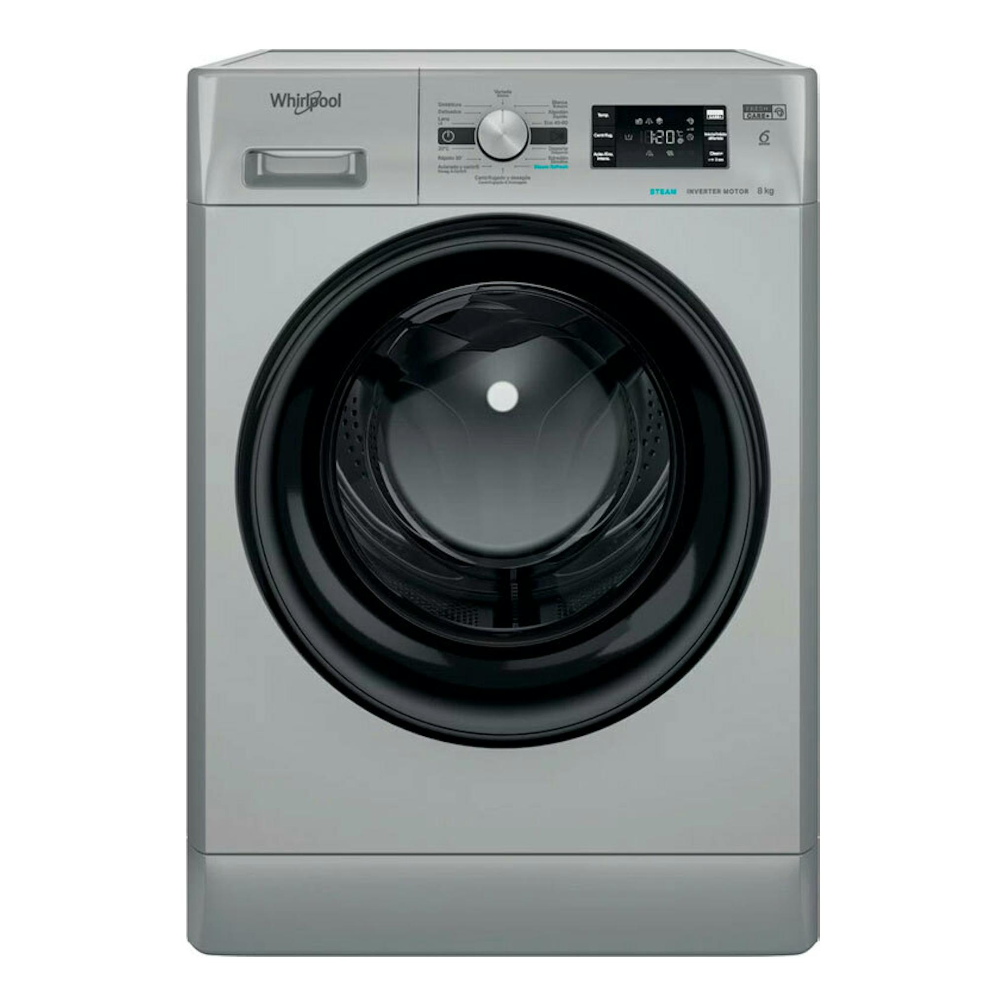 Lavadora frontal Whirlpool FFB8489SBVSPT gris con puerta negra y panel digital, vista frontal, 8 kg.