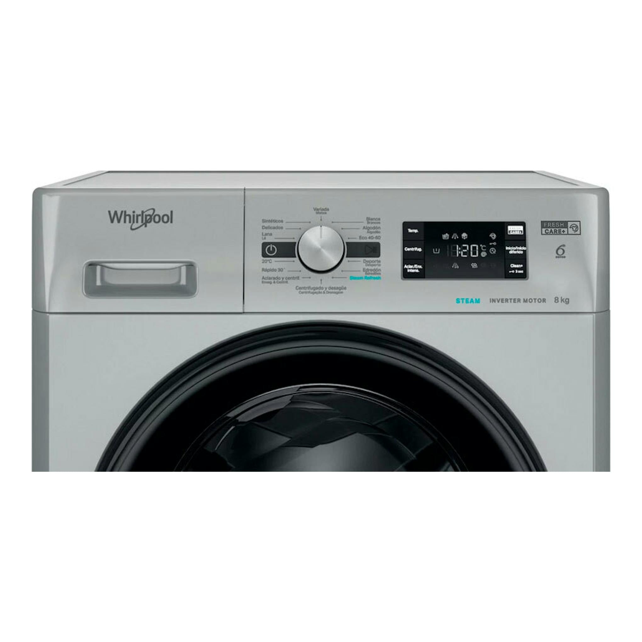 Lavadora Whirlpool FFB8489SBVSPT gris, vista frontal, con puerta circular y panel digital superior, 8 kg.