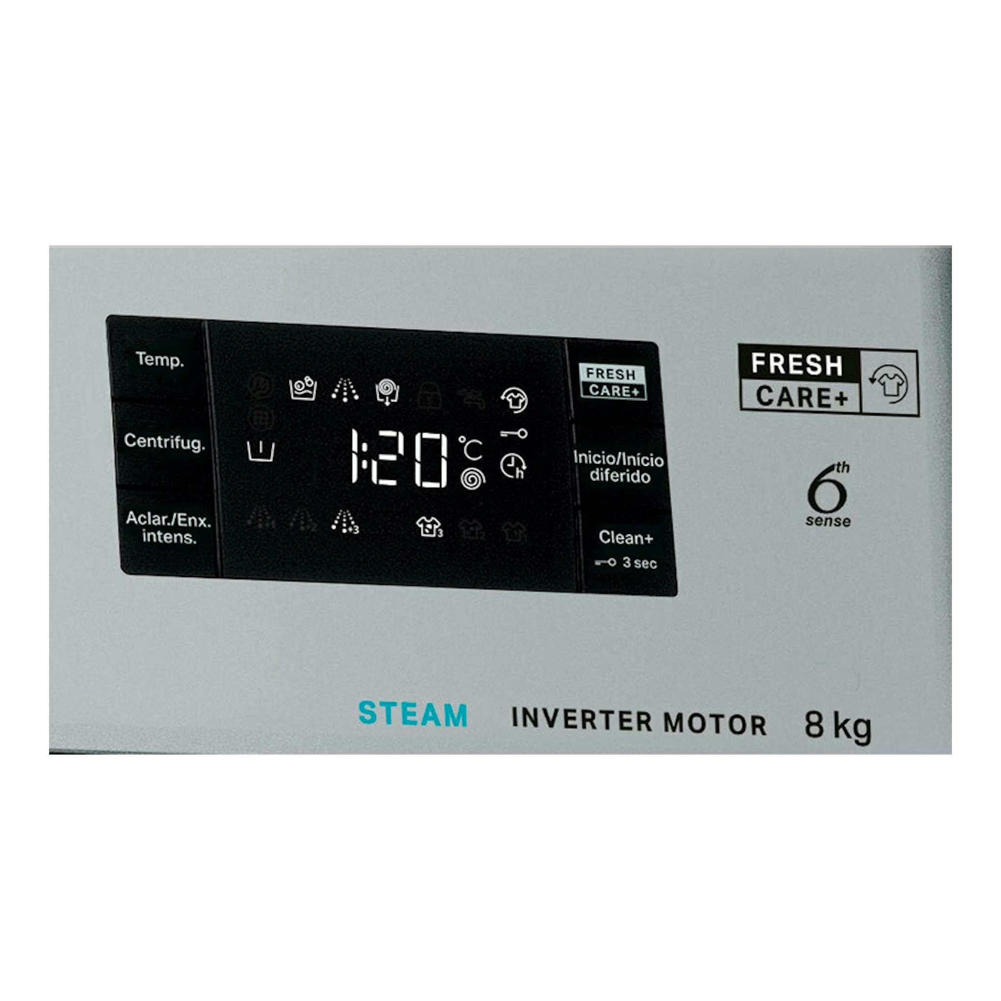 Panel frontal de lavadora Whirlpool FFB8489SBVPT en acero gris, con display negro y textos FreshCare+ y 6th Sense.