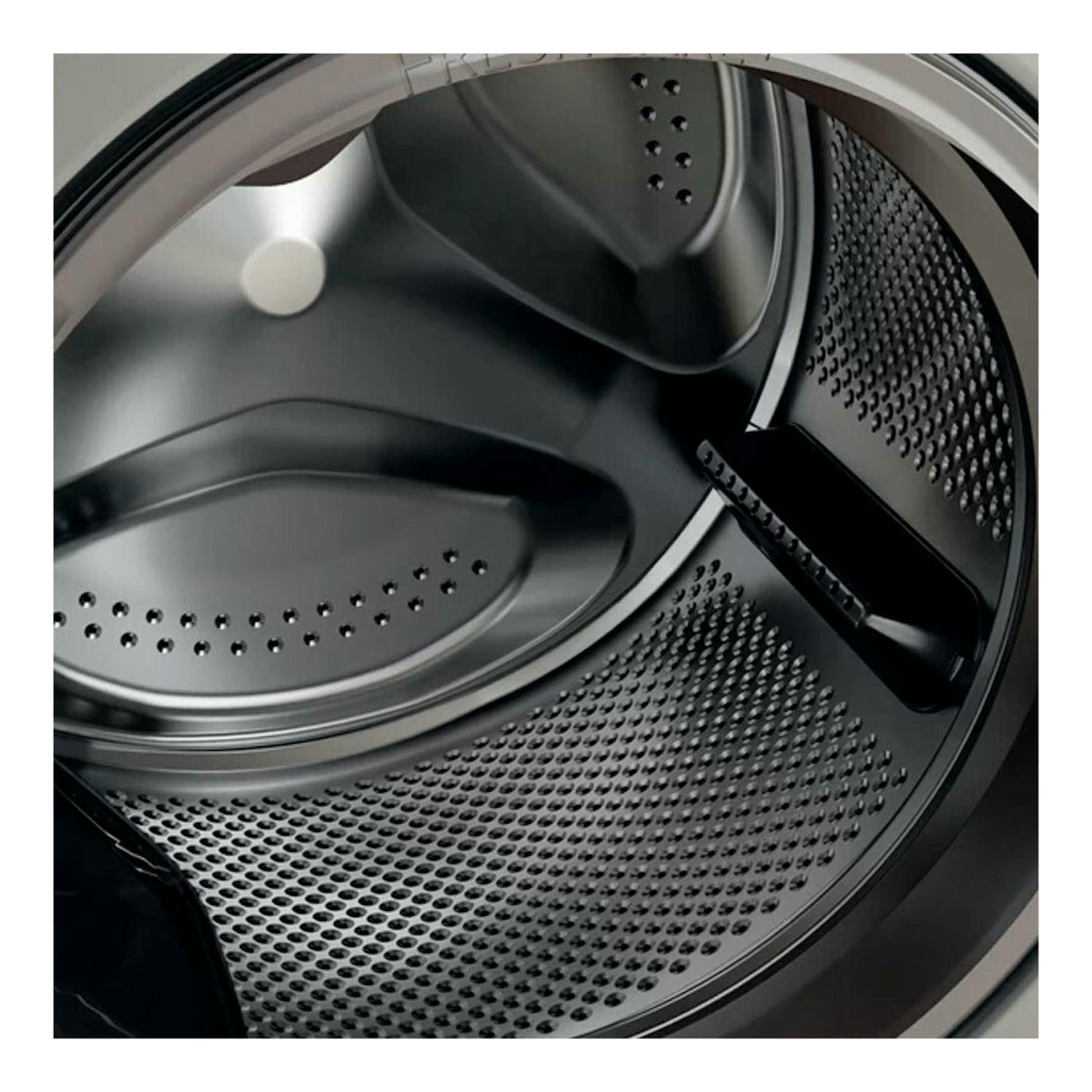 Lavadora Whirlpool FFB8489SBVSPT, vista interior del tambor metálico gris, en primer plano.
