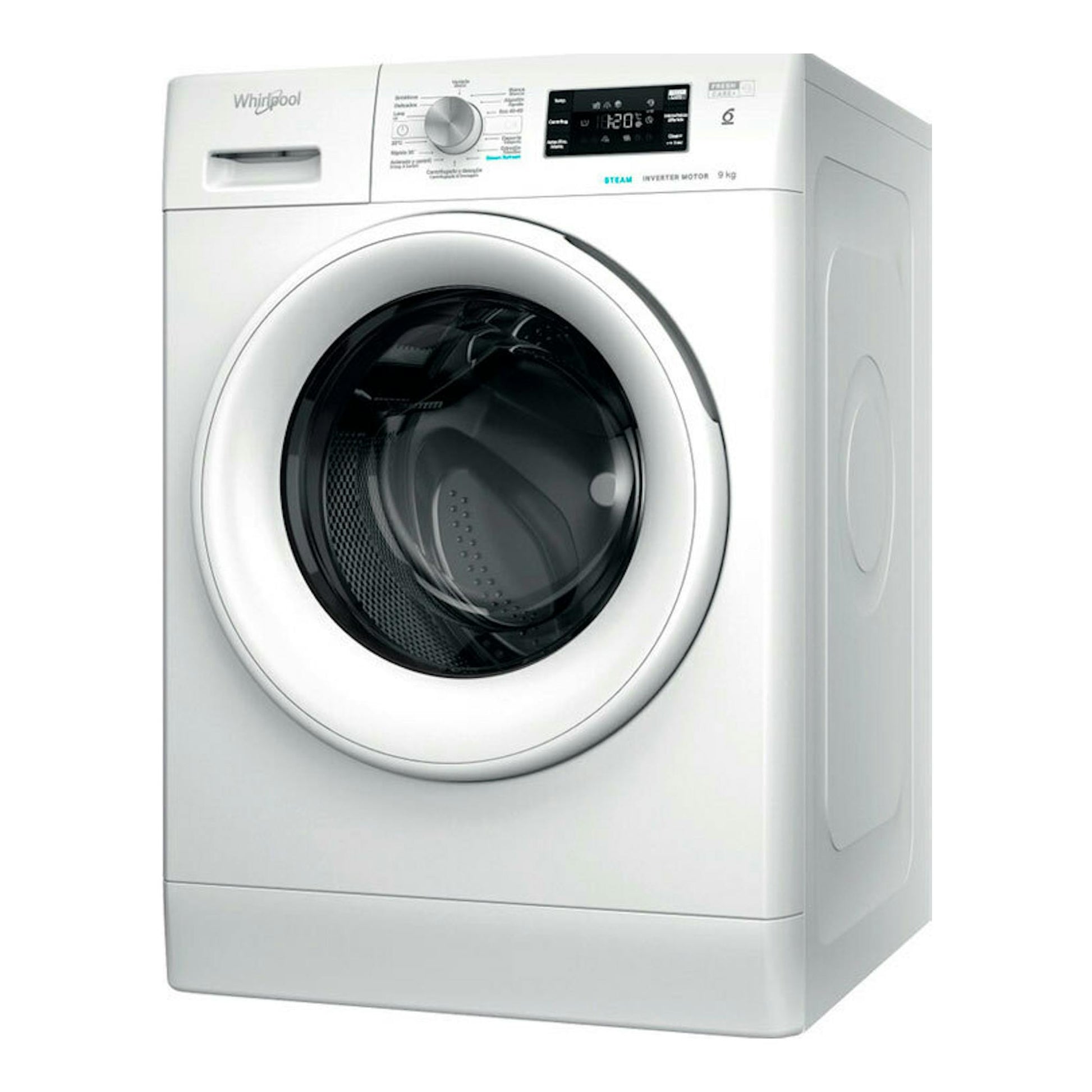 Lavadora Whirlpool FFB9269WVSP blanca de carga frontal, vista frontal en ángulo, 9 kg.