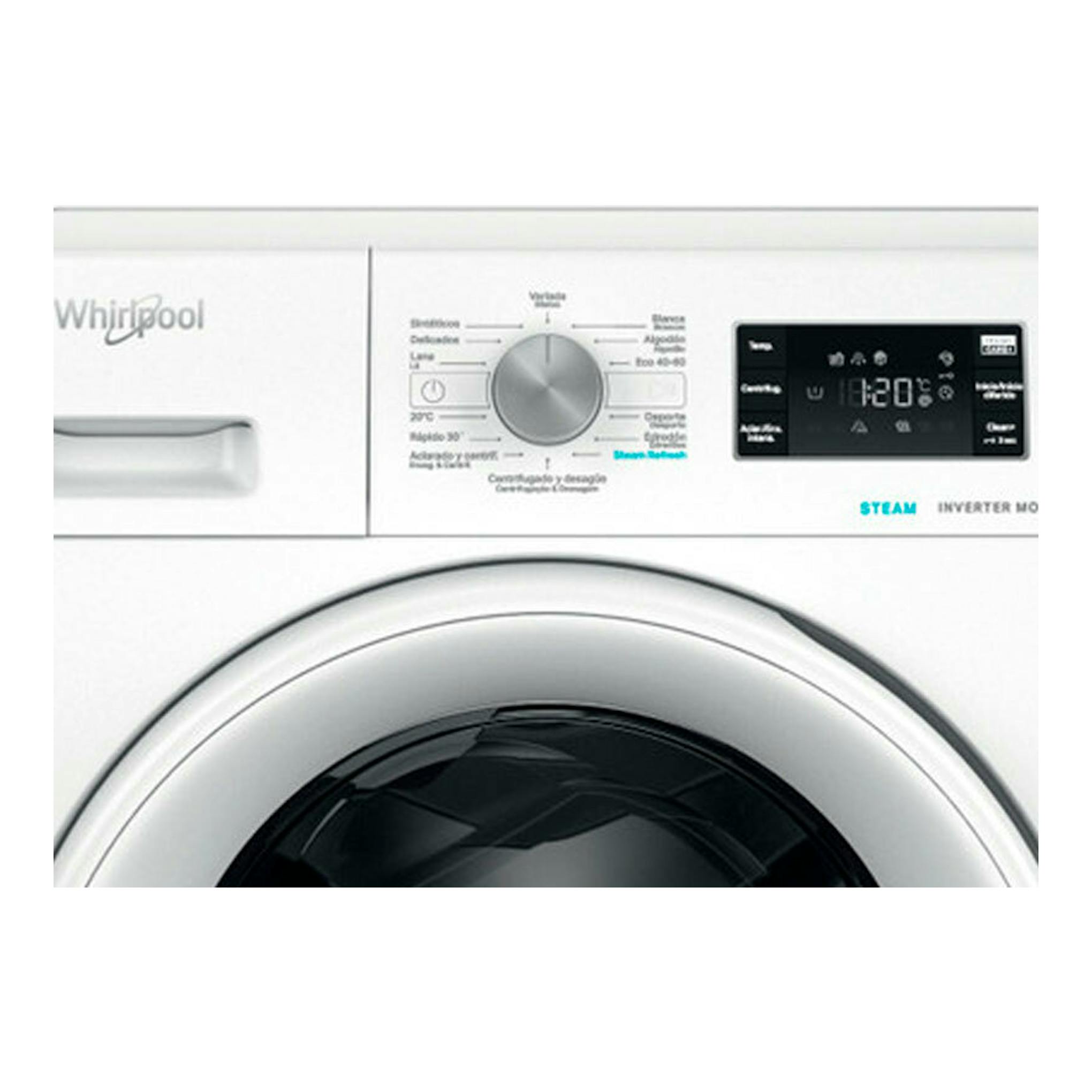 Lavadora frontal Whirlpool FFB9269WVSP blanca, vista parcial del panel de control y puerta.