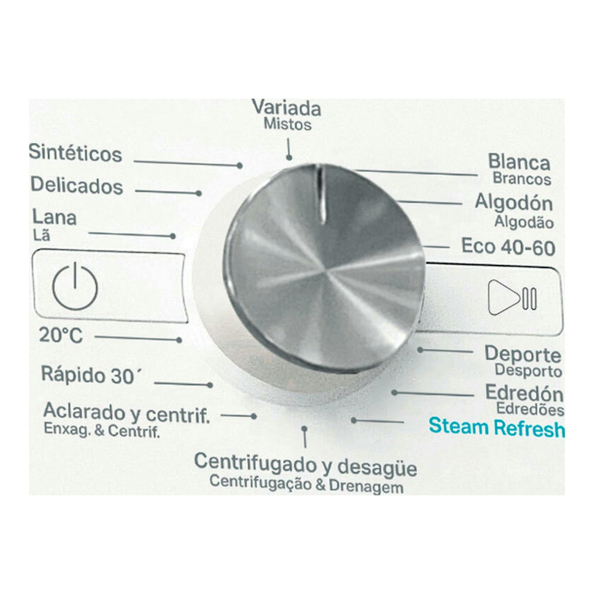 Panel frontal de lavadora Whirlpool FFB9269WVSP, con selector giratorio y programas en español.
