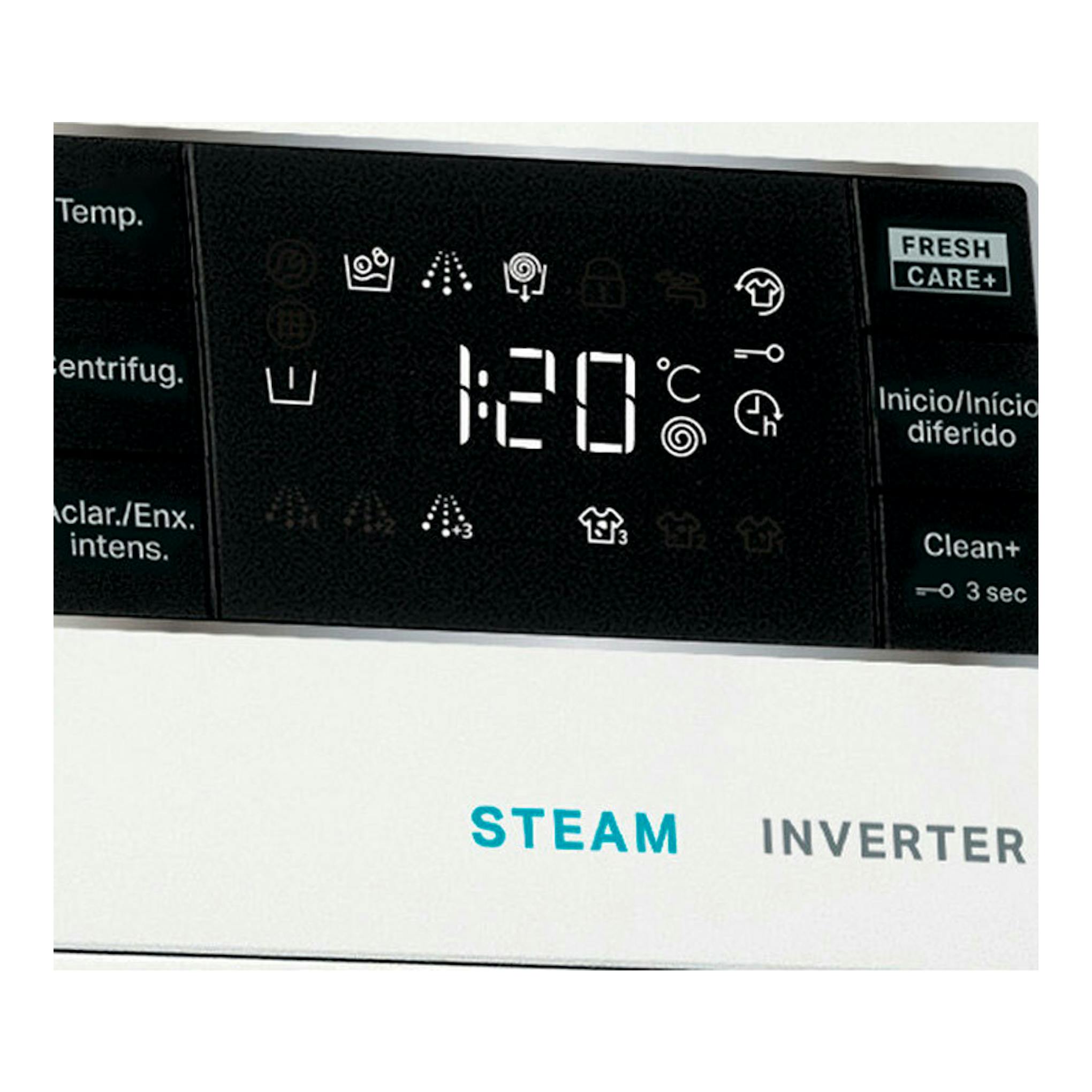 Primer plano frontal del panel de lavadora Whirlpool FFB9269WVSP blanca, con display digital y opciones Steam/Inverter.