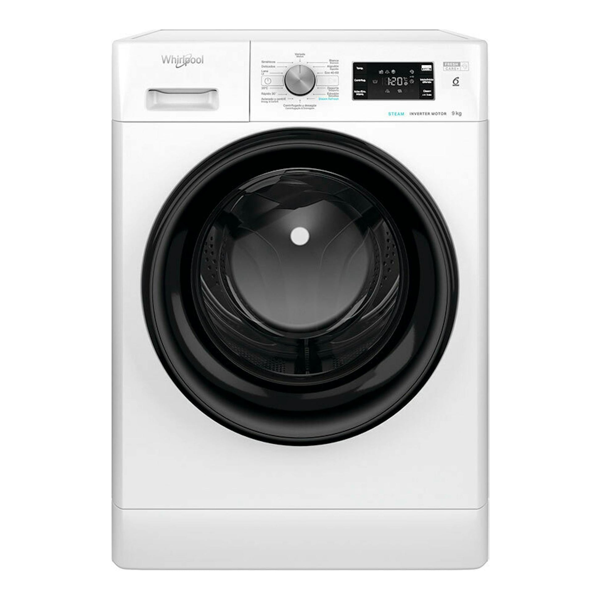 Lavadora frontal Whirlpool FFB9469BVSPT blanca, con puerta negra y panel digital, vista frontal.