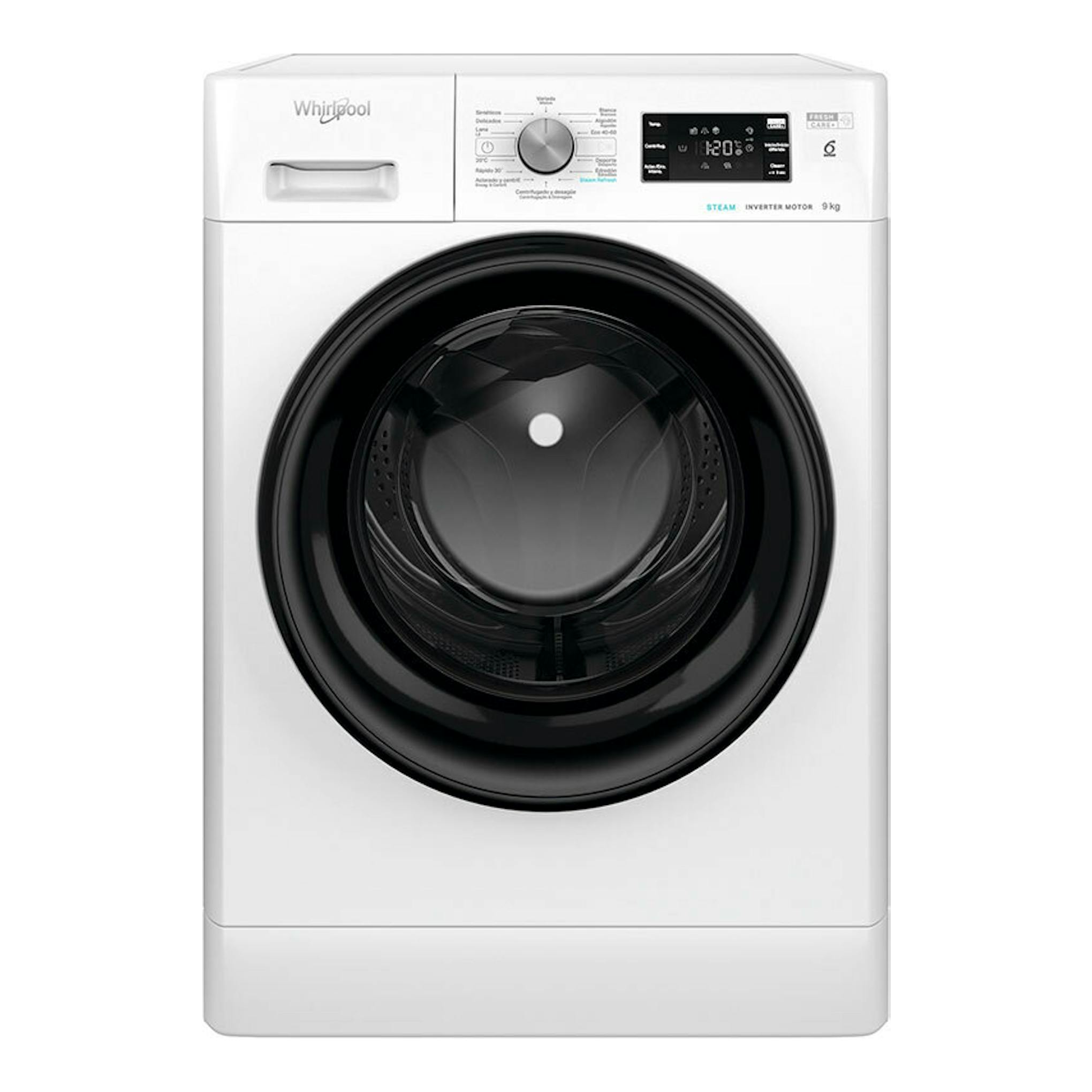Lavadora frontal Whirlpool FFB9469BVSPT blanca, con puerta negra y panel digital, vista frontal.