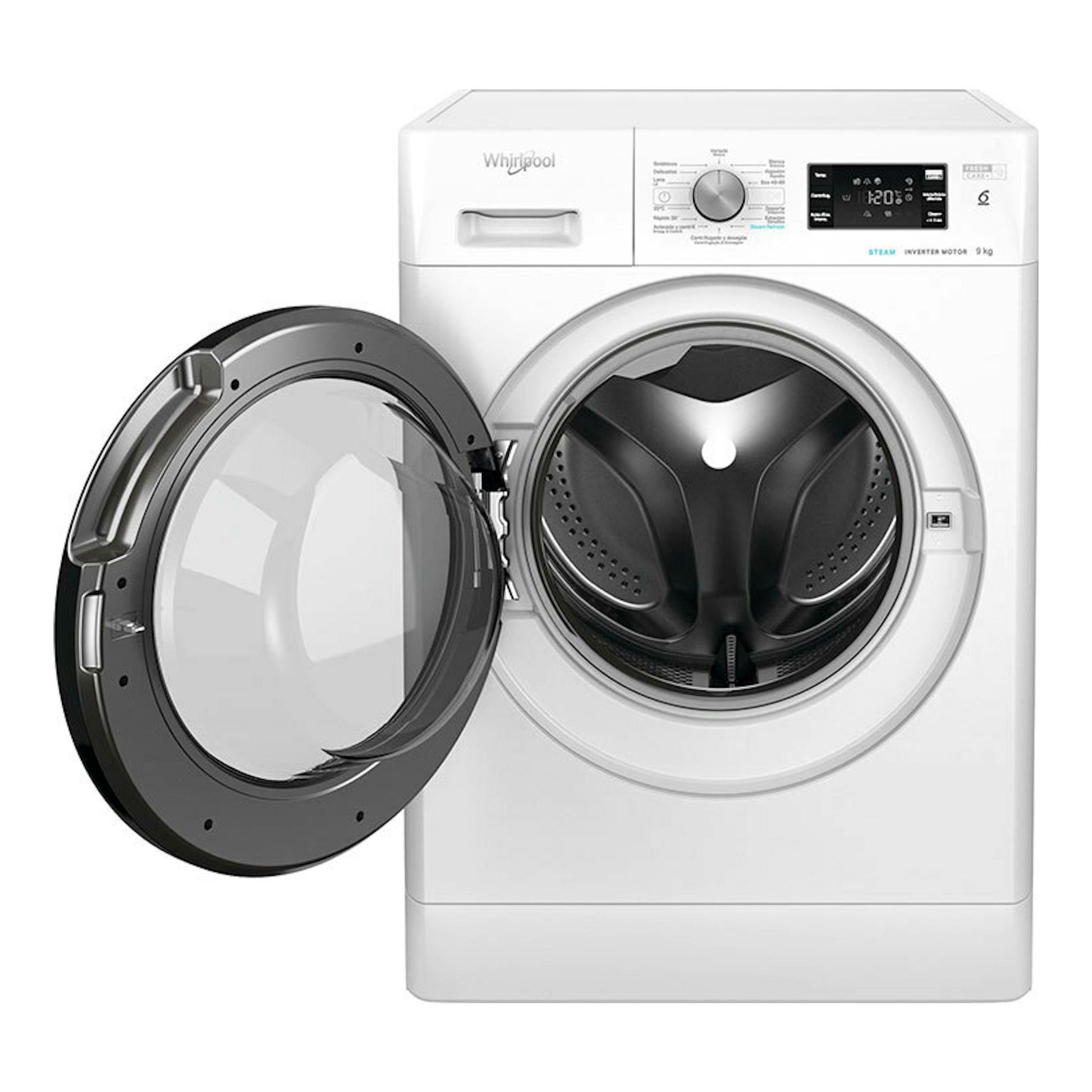 Lavadora Whirlpool FFB9469BVSPT blanca, vista frontal, con puerta de carga frontal abierta.