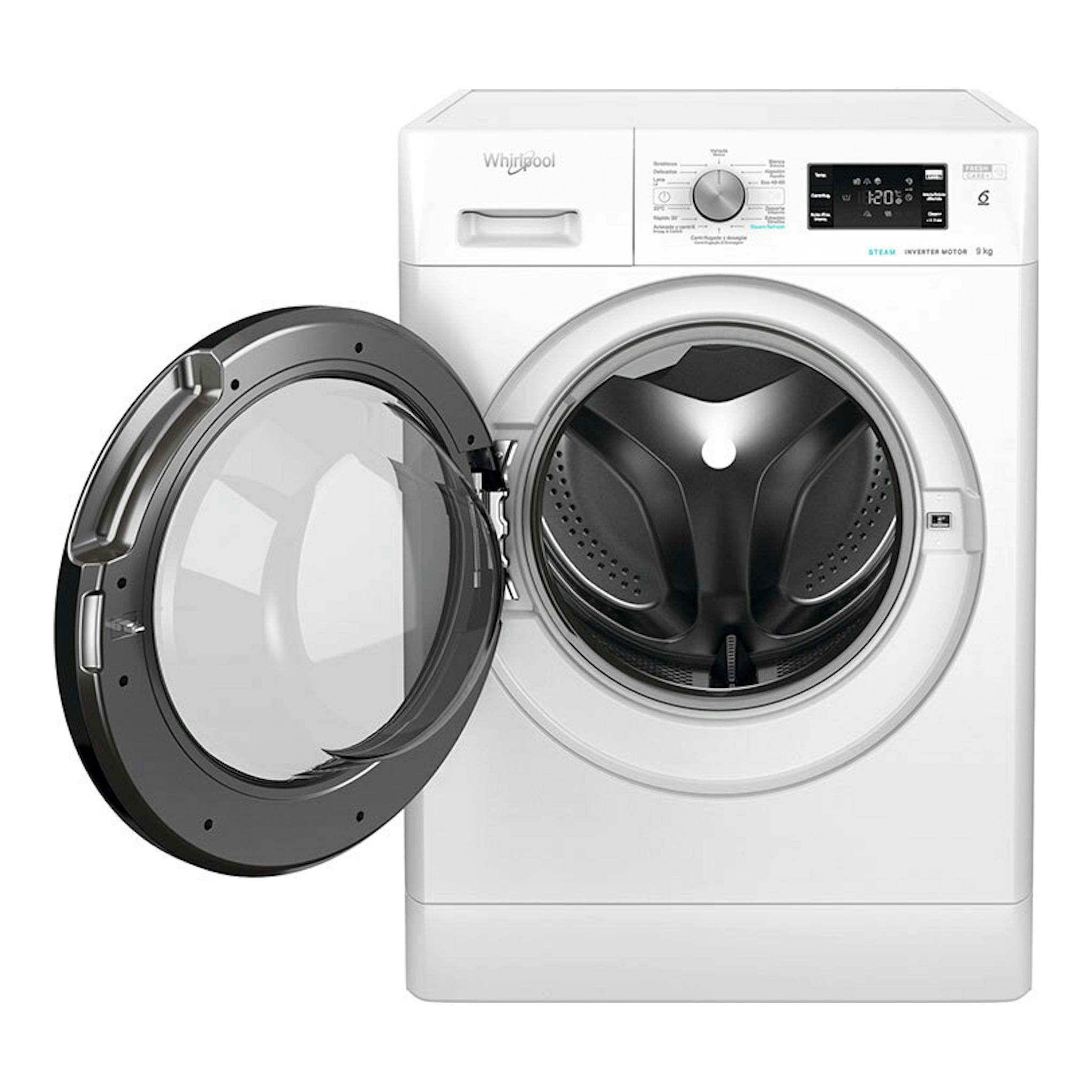 Lavadora Whirlpool FFB9469BVSPT blanca, vista frontal, con puerta de carga frontal abierta.