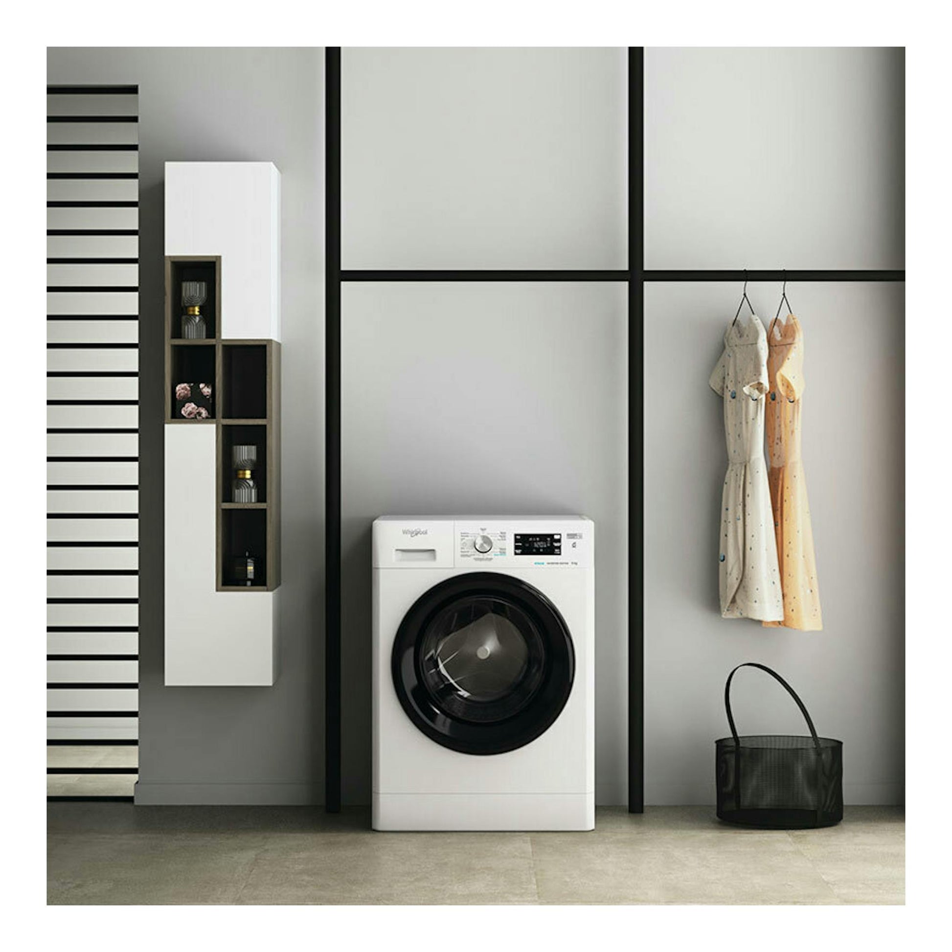 Lavadora frontal Whirlpool FFB9469BVSPT blanca, vista frontal, con puerta negra y panel superior.