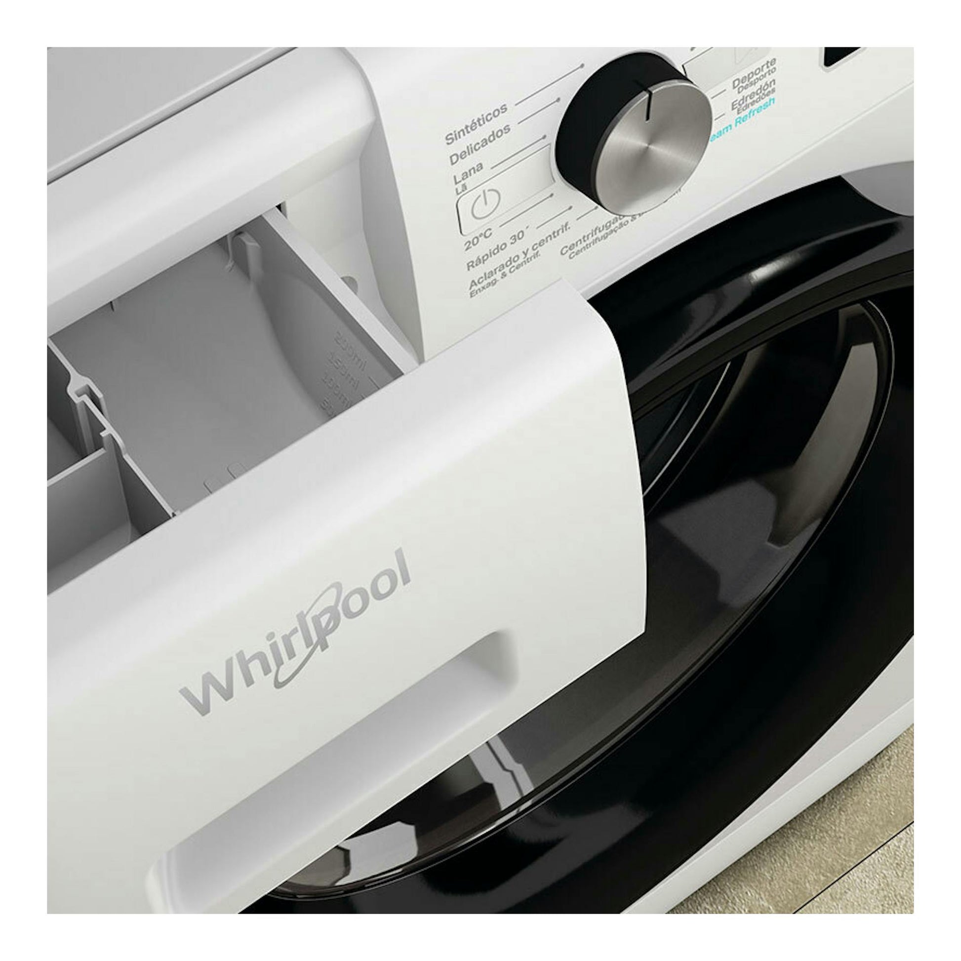 Lavadora Whirlpool blanca de carga frontal, con cajetín abierto, puerta negra y selector superior.