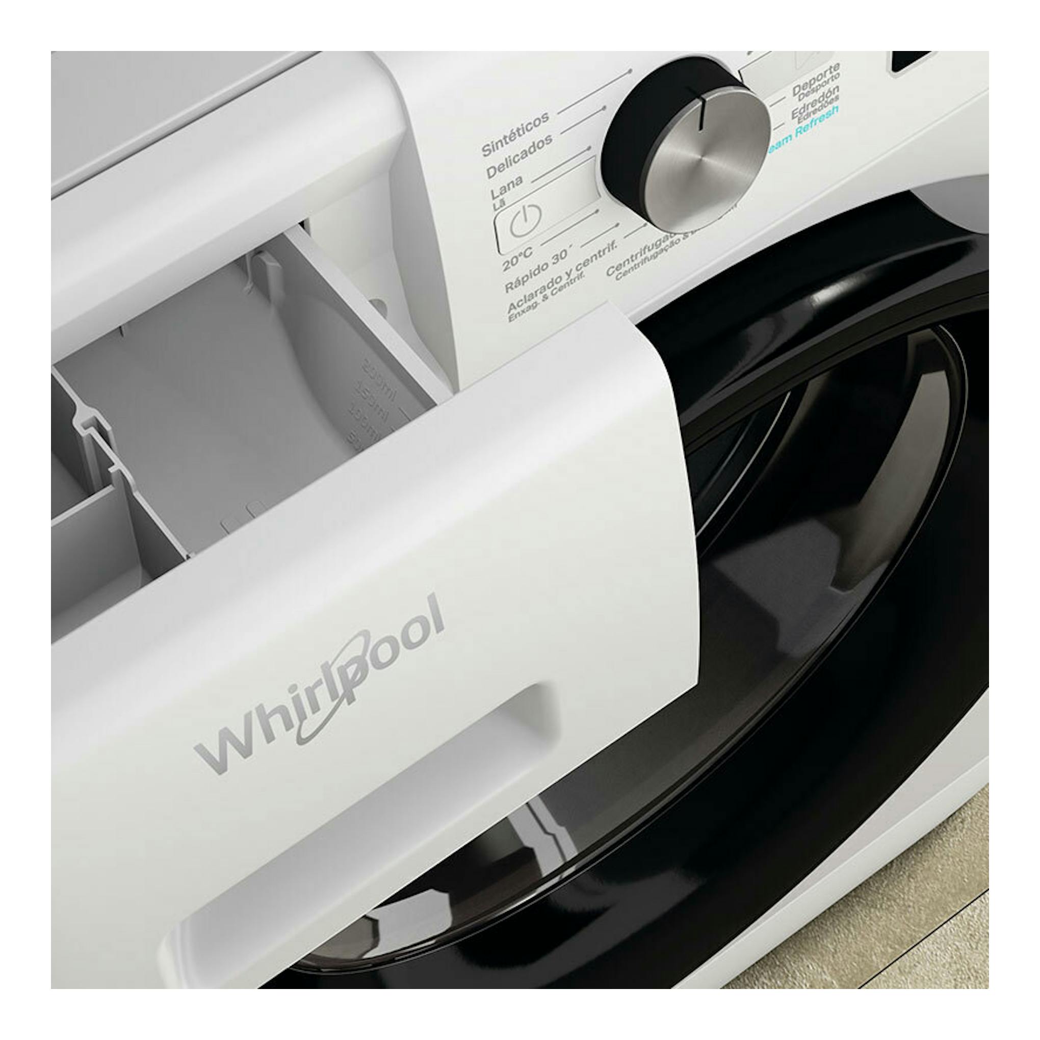 Lavadora Whirlpool blanca de carga frontal, con cajetín abierto, puerta negra y selector superior.