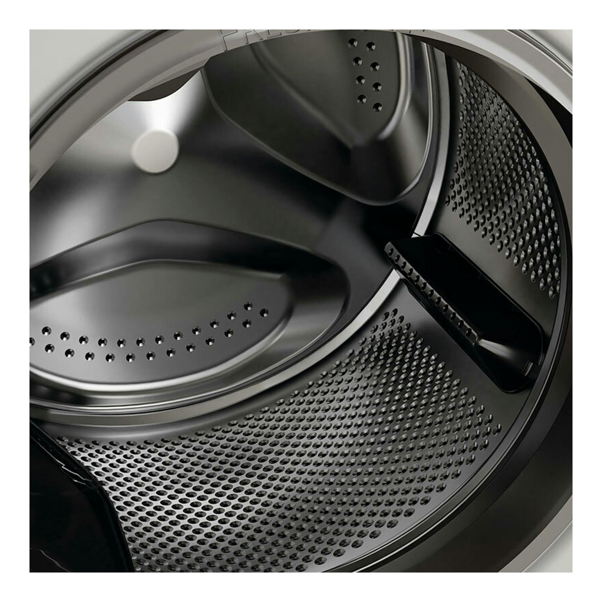 Interior del tambor de una lavadora Whirlpool FFB9469BVSPT, vista frontal en acero inoxidable.