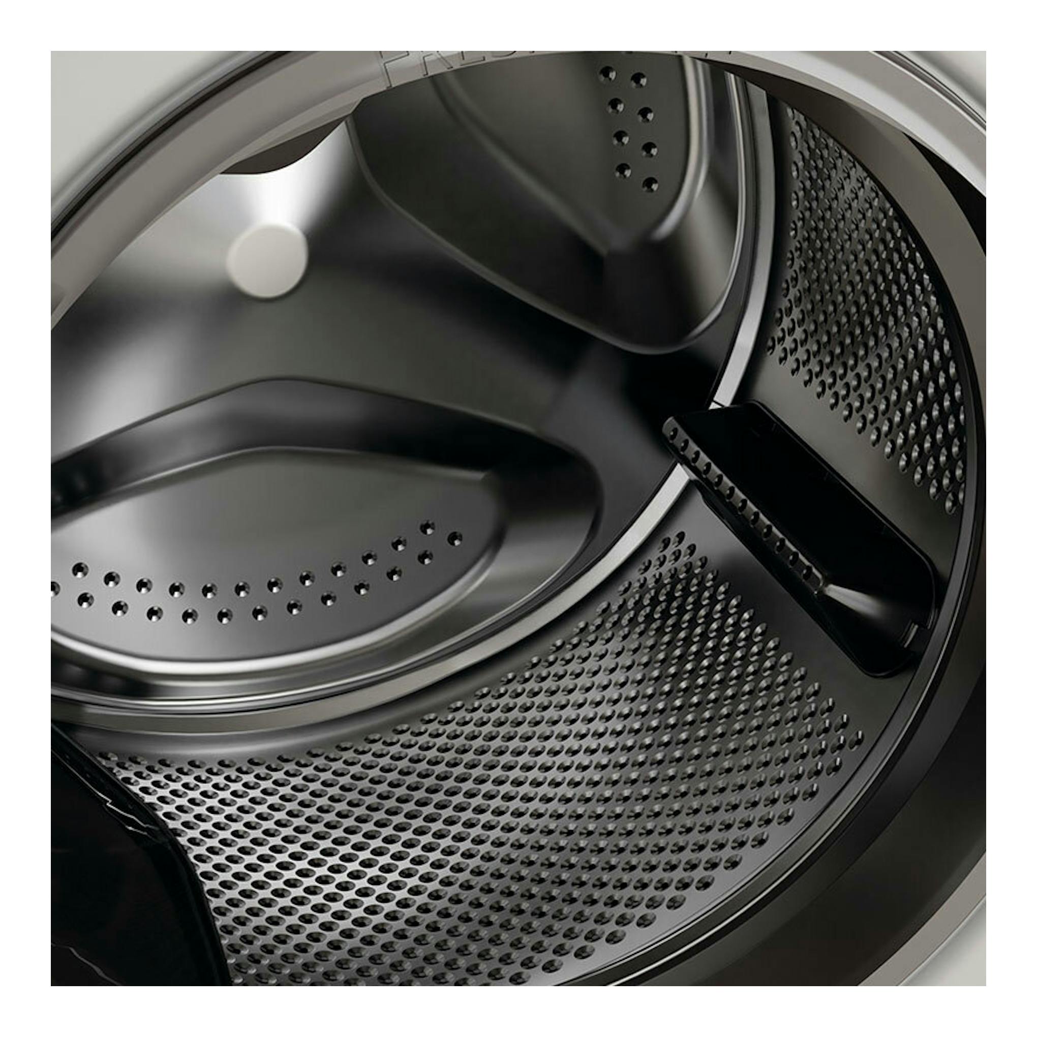 Interior del tambor de una lavadora Whirlpool FFB9469BVSPT, vista frontal en acero inoxidable.