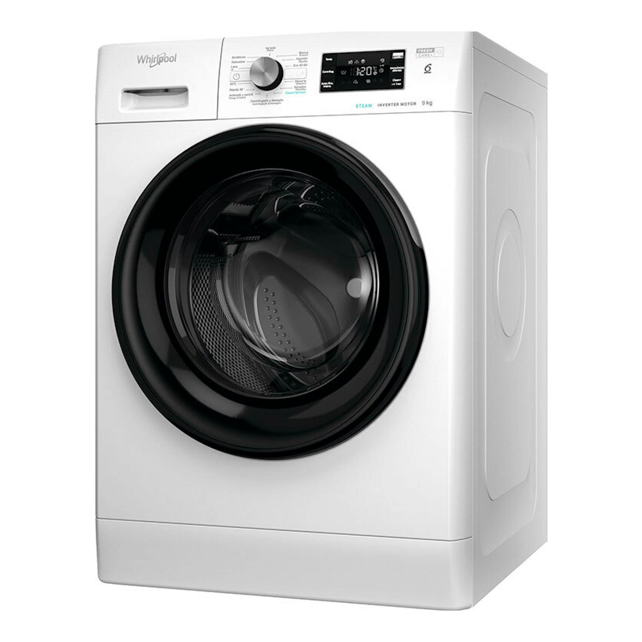 Lavadora Whirlpool FFB9469BVSPT blanca de carga frontal, vista frontal con panel digital y puerta negra.