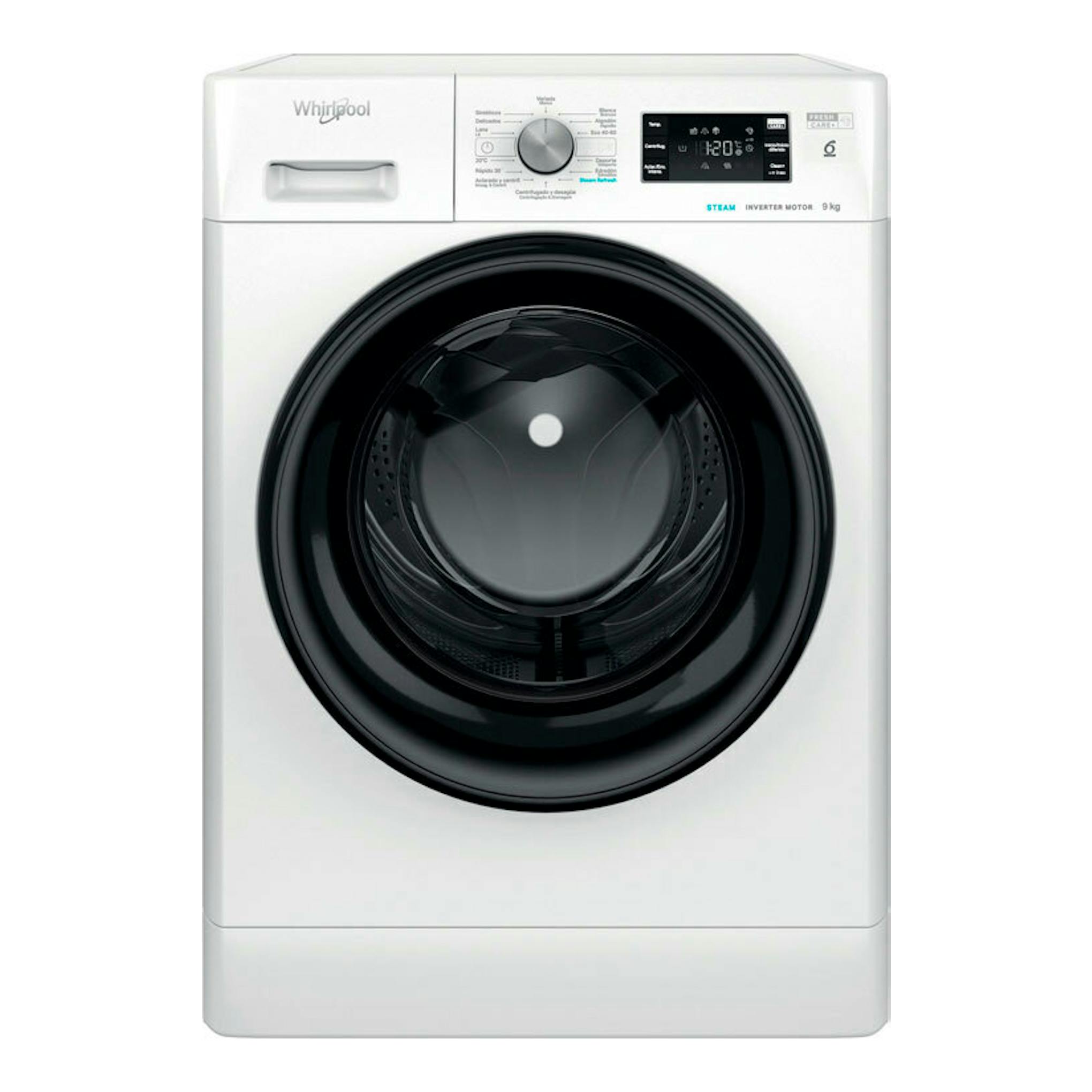 Lavadora frontal Whirlpool blanca de 9 kg, vista frontal, con puerta negra y panel digital superior.