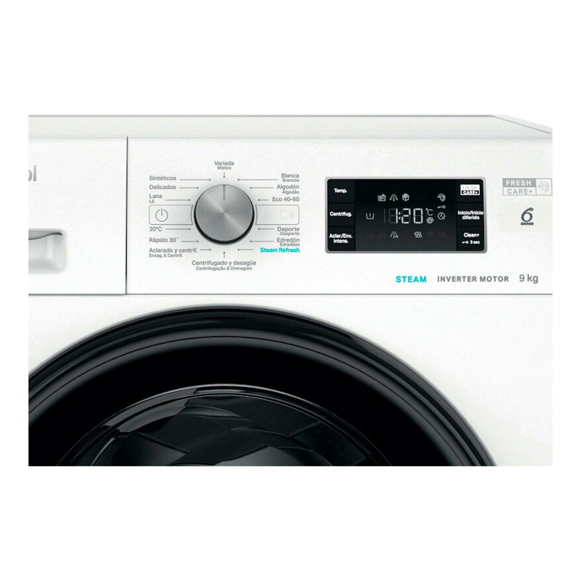 Lavadora Whirlpool FFB9489BVSPT blanca de 9 kg, vista frontal del panel de control y la puerta.