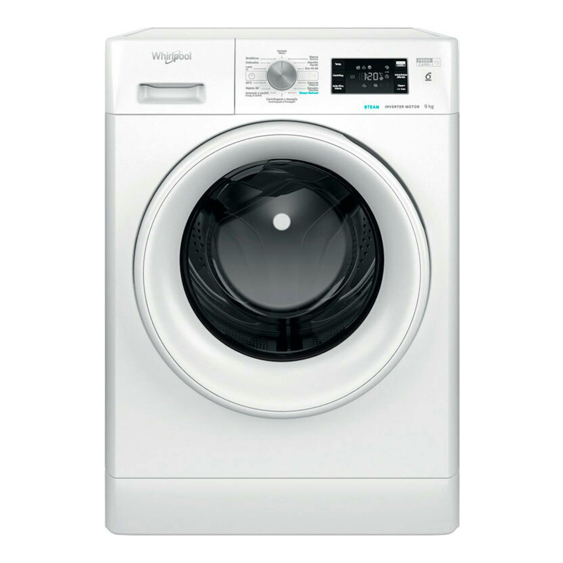 Lavadora frontal Whirlpool FFB9489WVSPT blanca, vista frontal, con puerta negra circular y panel digital superior.