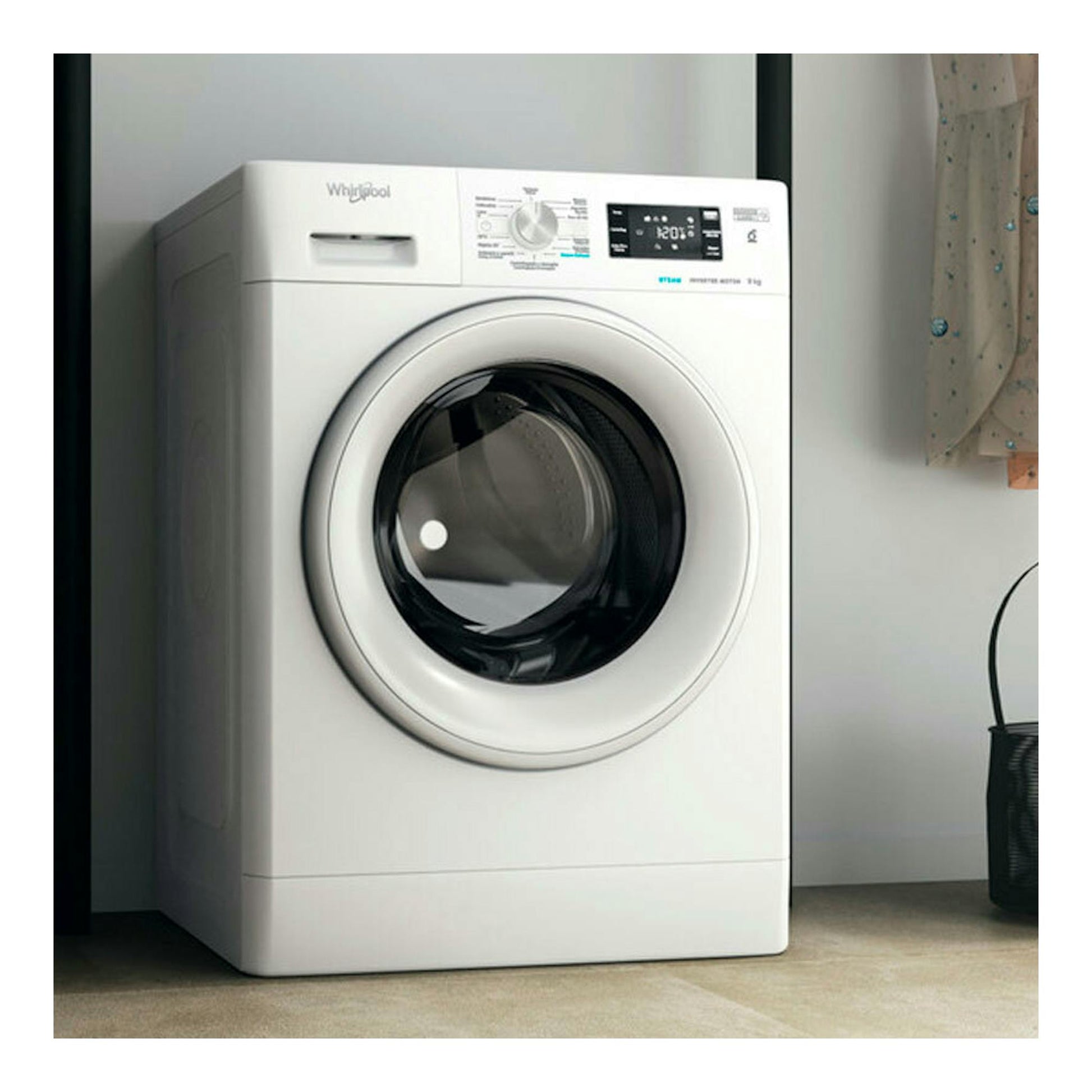 Lavadora frontal Whirlpool FFB9489WVSPT blanca, vista frontal, con puerta circular negra y panel digital.