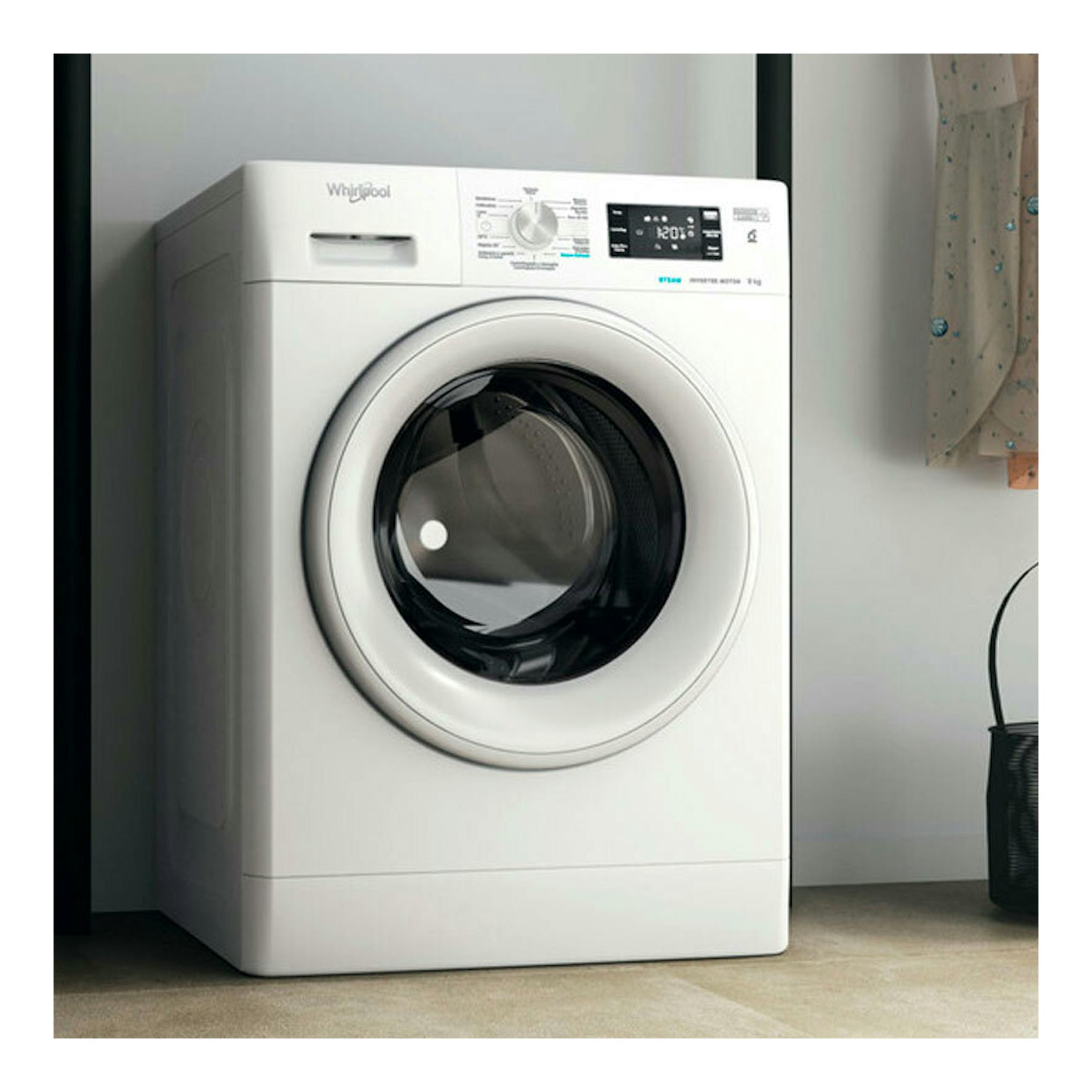 Lavadora frontal Whirlpool FFB9489WVSPT blanca, vista frontal, con puerta circular negra y panel digital.