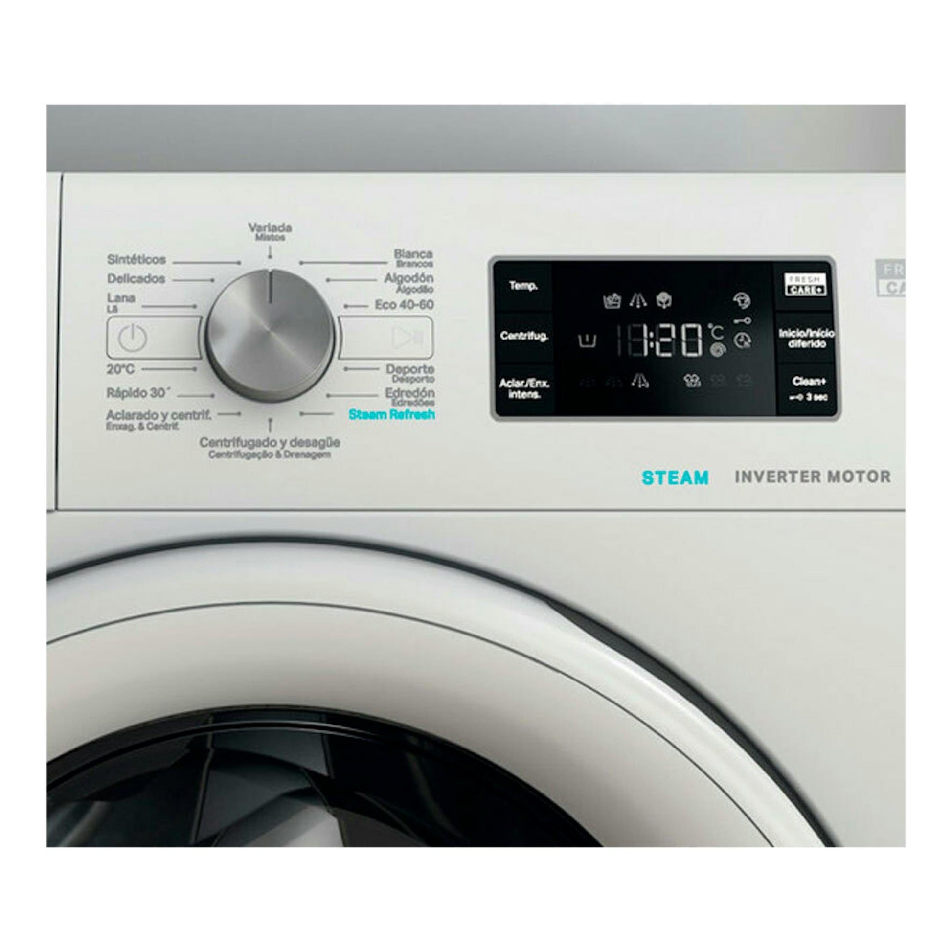 Lavadora Whirlpool FFB9489WVSPT blanca, vista frontal del panel con selector y pantalla digital.